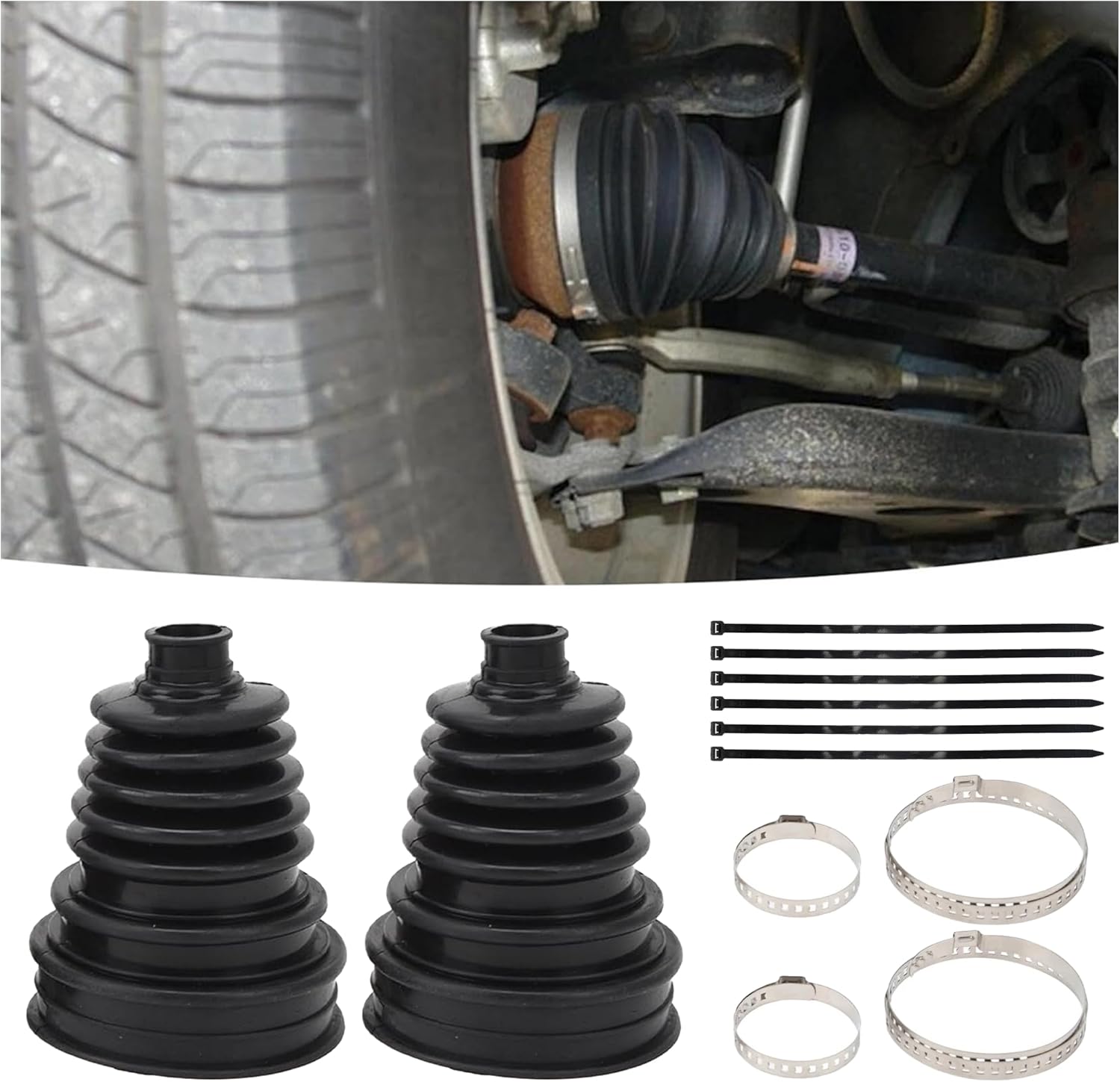 Tioollev 2PCS Silicone CV Axle Boot Kit with 4 Stainless Clamps & 6 Ties - Waterproof Dustproof Universal Repair for Most Cars (Black)