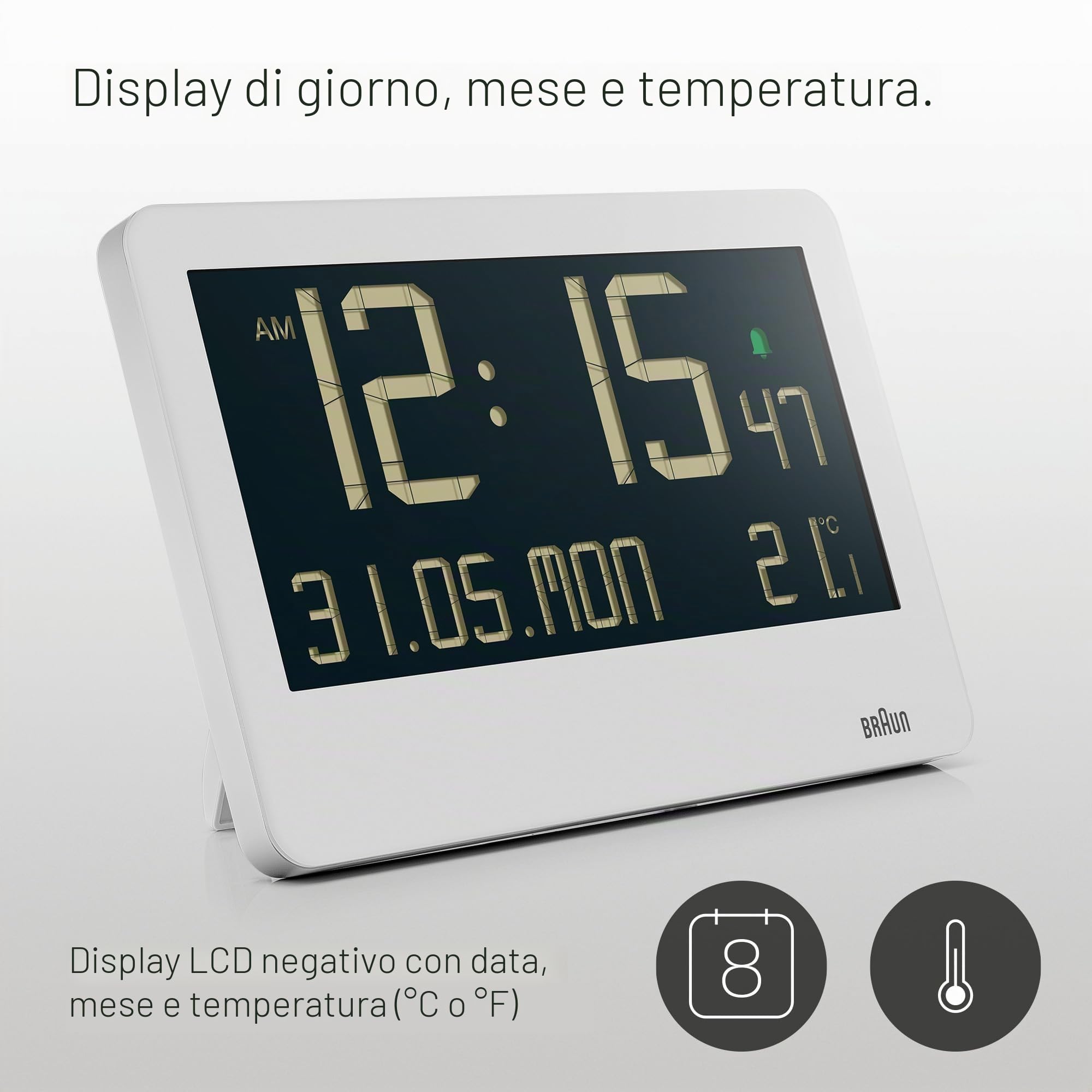 Braun Orologio da parete digitale temperatura interna, data, giorno della settimana, ampio display LCD inverso, impostazione rapida, allarme acustico in bianco, modello BC14W.