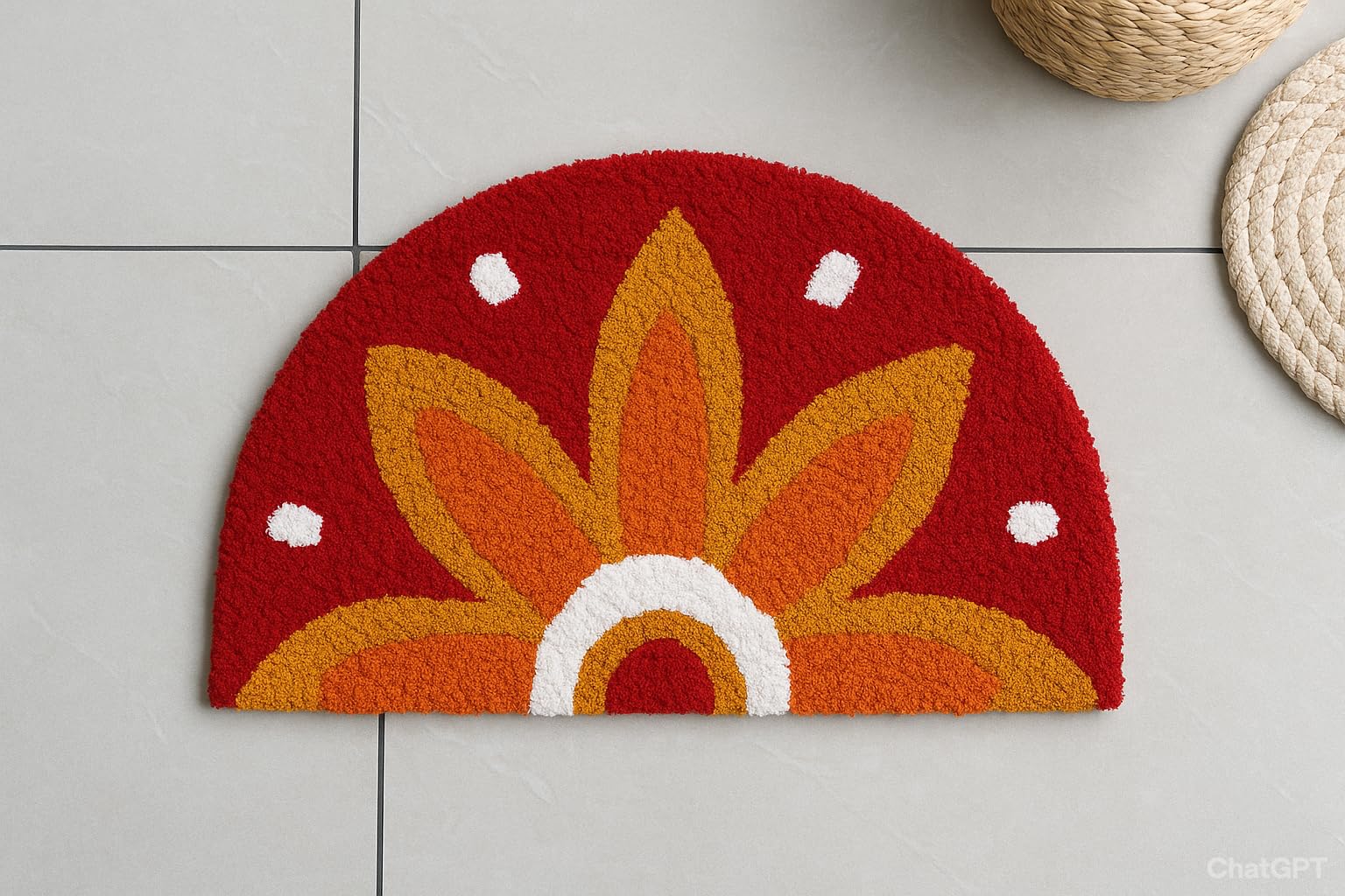 Wisdom Decor™ Decorative Round Floor Mat, Red with Floral Design, Orange Sunflower Pattern, White Polka Dots, Half Moon and Rangoli Available. (Half Moon)-image-22