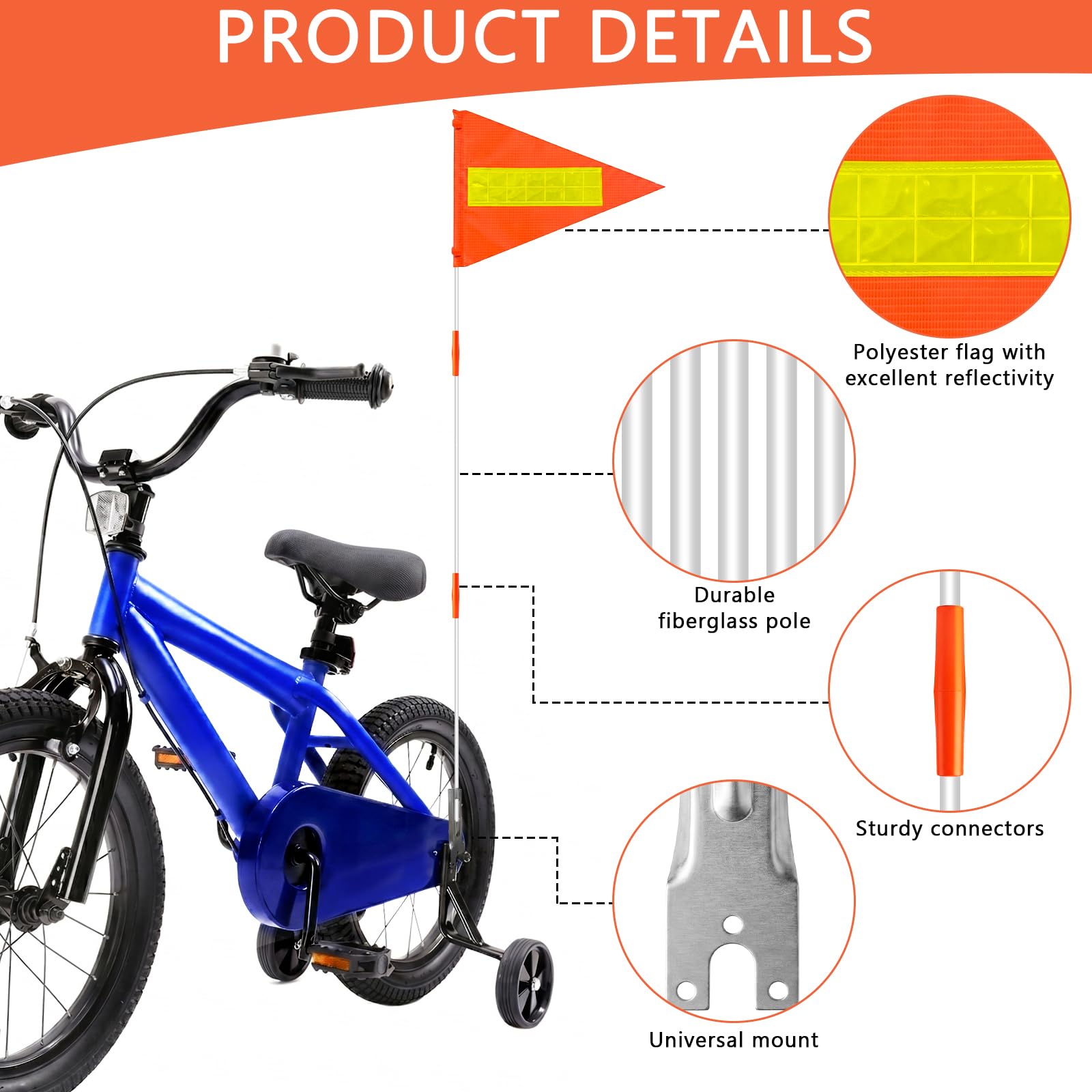 Fanion de Sécurité pour Vélo 150cm, Drapeau Velo Réfléchissant Impréable, Tige Réglable
