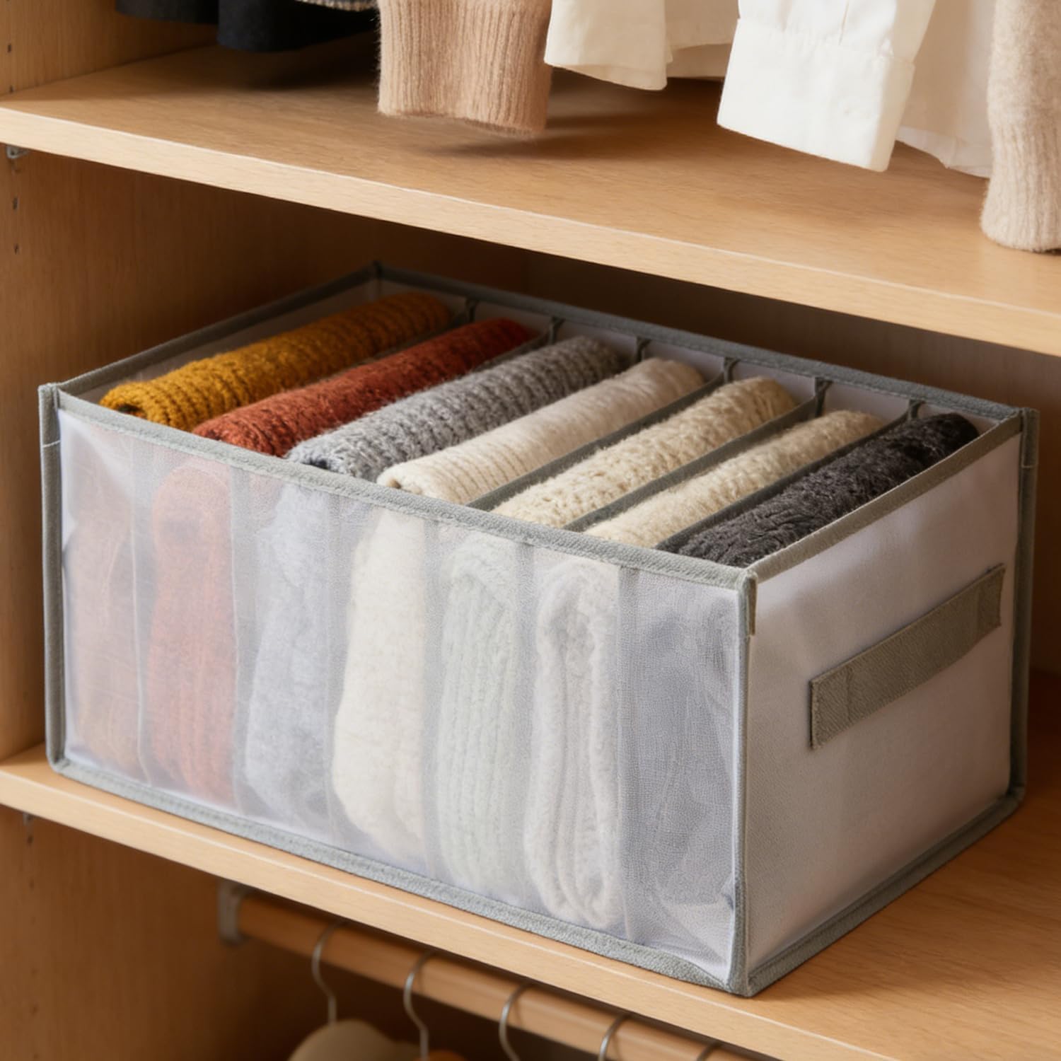 Clothes Organizer for Jeans Foldable Storage Box Wardrobe Drawer Organizer Bin with Compartments for Closet Storage, Grizzly 14 x 9.8 x 7.8inch