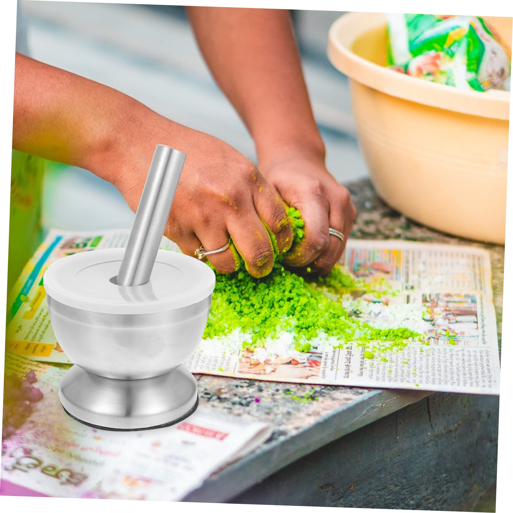 Machacador de Ajo de Acero Inoxidable Plata, 1 Juego | Base Estable para Evitar Derrames, Tritura Especias y Frutos Secos, Adecuado para Inauguración y Navidad