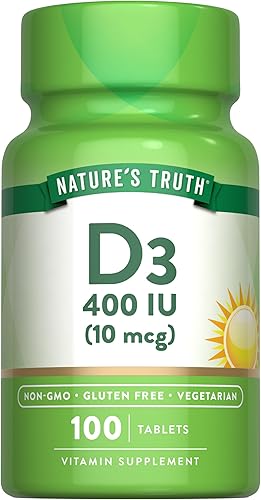 Vitamina D3 400 iu (10 mcg) | 100 tabletas | Vegetariano, sin OMG, suplemento sin gluten | Por Nature's Truth