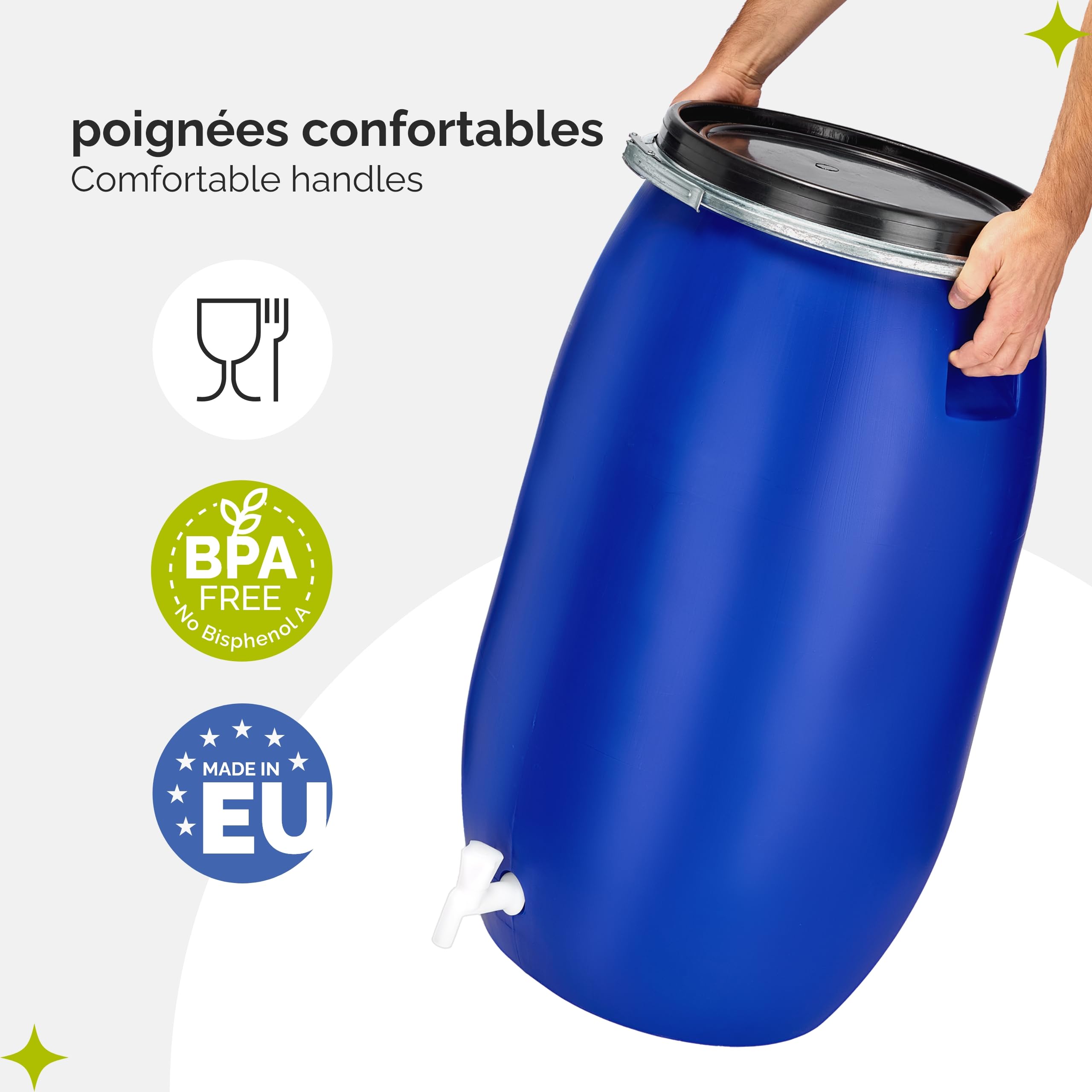 Garronda Réservoir Eau 220 litres en HDPE Alimentaire avec Couvercle – Jerrican pour Jardin et Eau de Pluie GD-0091