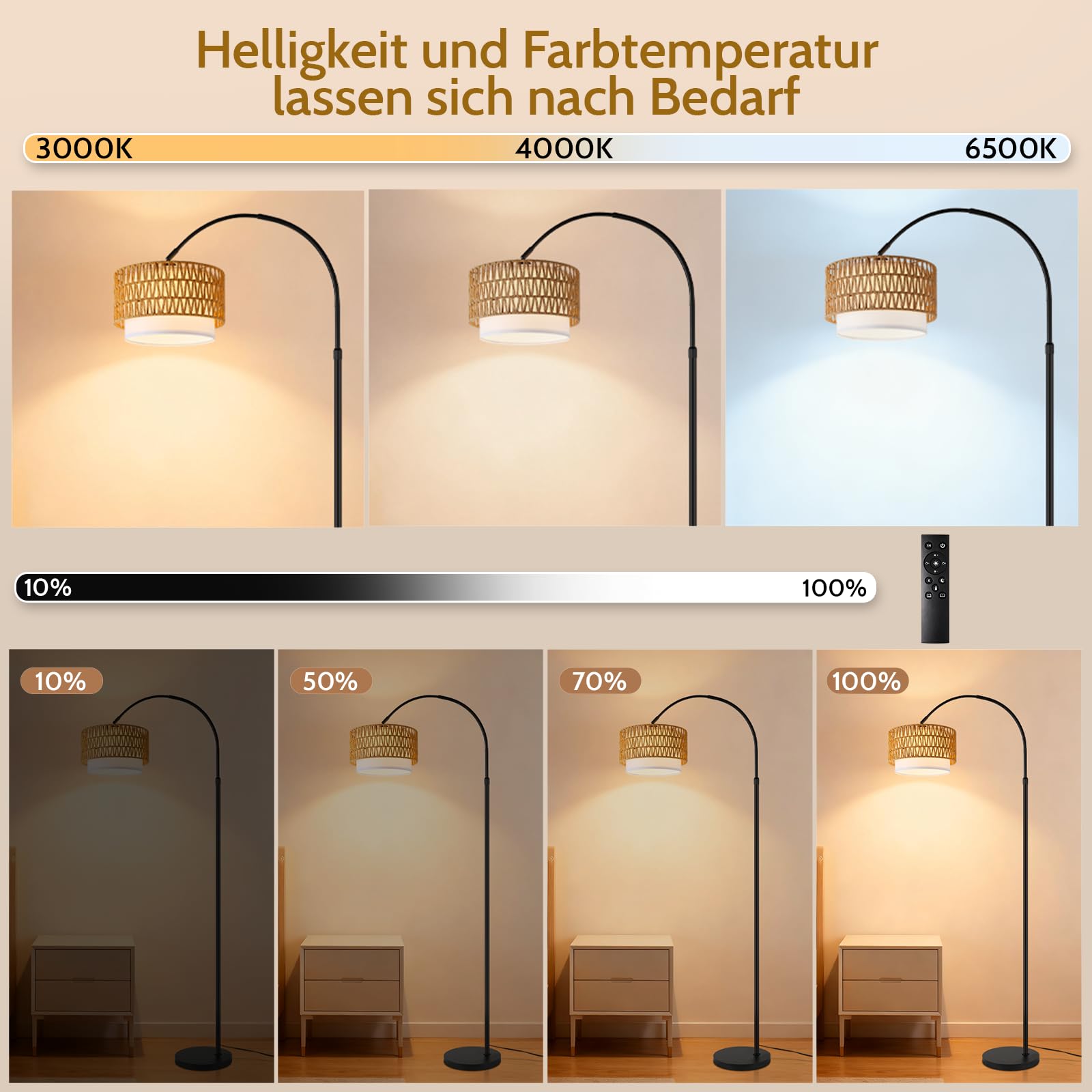 Boho Stehlampe Wohnzimmer Stehleuchte Rattan Bogenlampe Schwarz | Vintage Bogenleuchte Standlampe Bogen Wohnzimmerlampe stehend mit Fernbedienung Leselampe für Schlafzimmer Büro