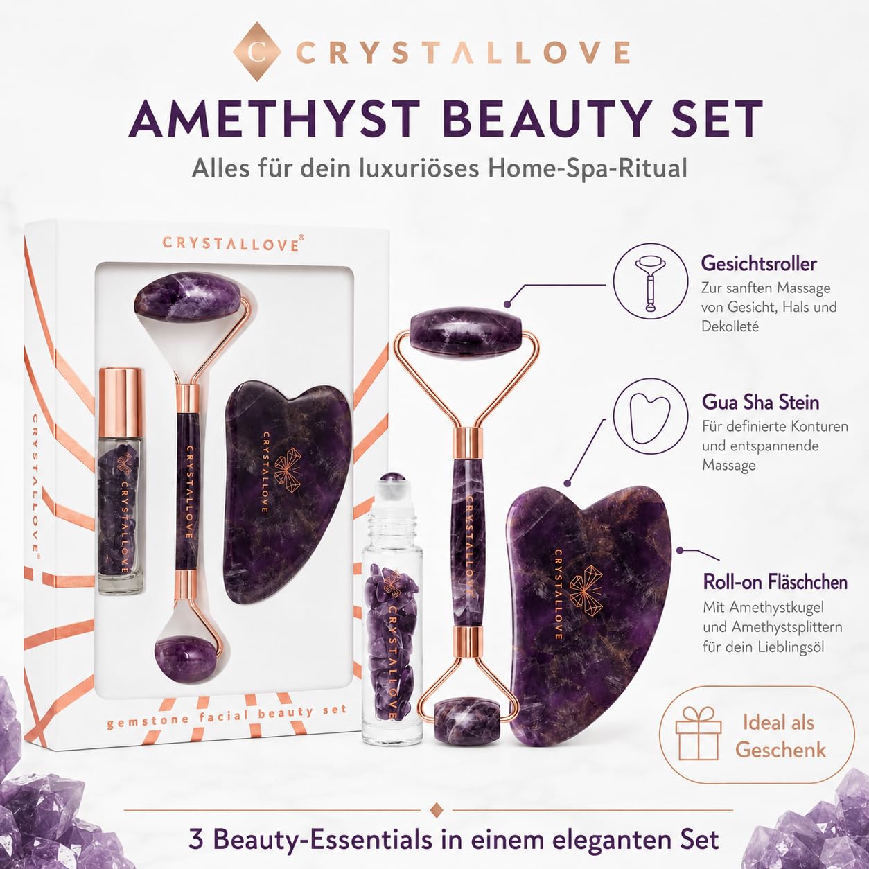 CRYSTALLOVE Amethyst Beauty Set, Gesichtsroller & Gua Sha Stein aus 100% natürlichem Amethyst, Jade Roller Alternative, Gesichtsmassage Set mit Roll-on Flasche 10 ml, Geschenkset für Frauen