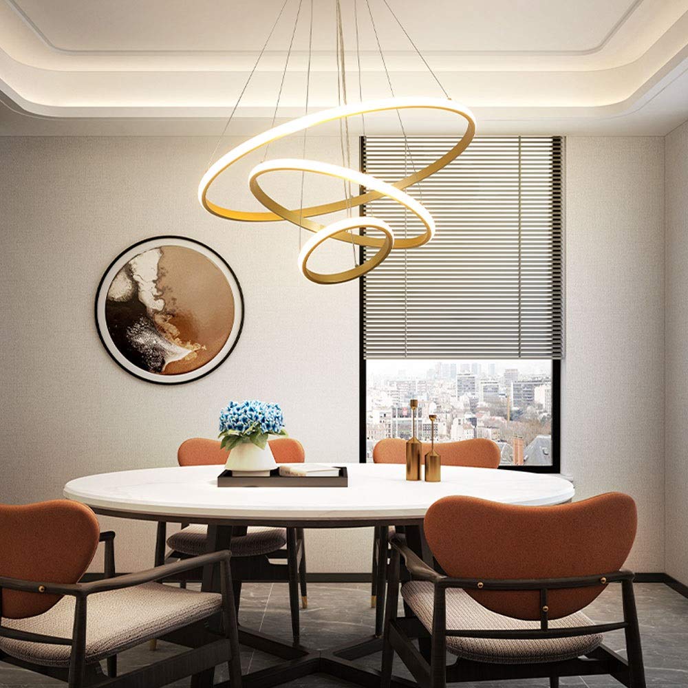LED Lampada a sospensione Moderno 3 Anello Tondo Design LED Lampadario 90W 5850LM Dimmerabile con telecomando Lampada da soffitto per Soggiorno Camera da letto Cucina tavolo da pranzo Ufficio, D'oro