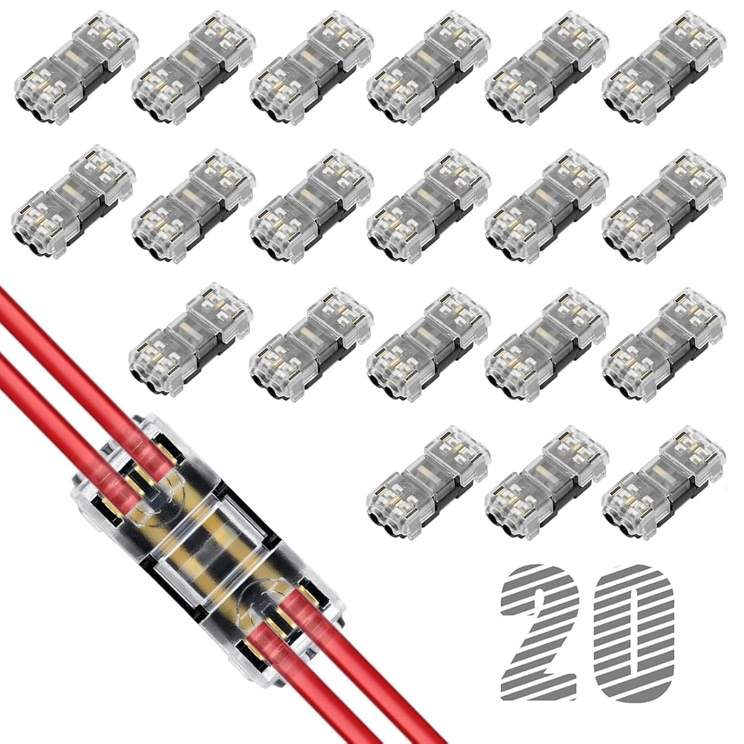 Low Voltage Wire Connectors, 2 Pin Quick Solderless Wire Splice Connectors, 2 Way I Type Wire Tap Connectors for 20-24 AWG Solid/Stranded Wire, Small Automotive & LED Wiring Connector (20 Pcs)