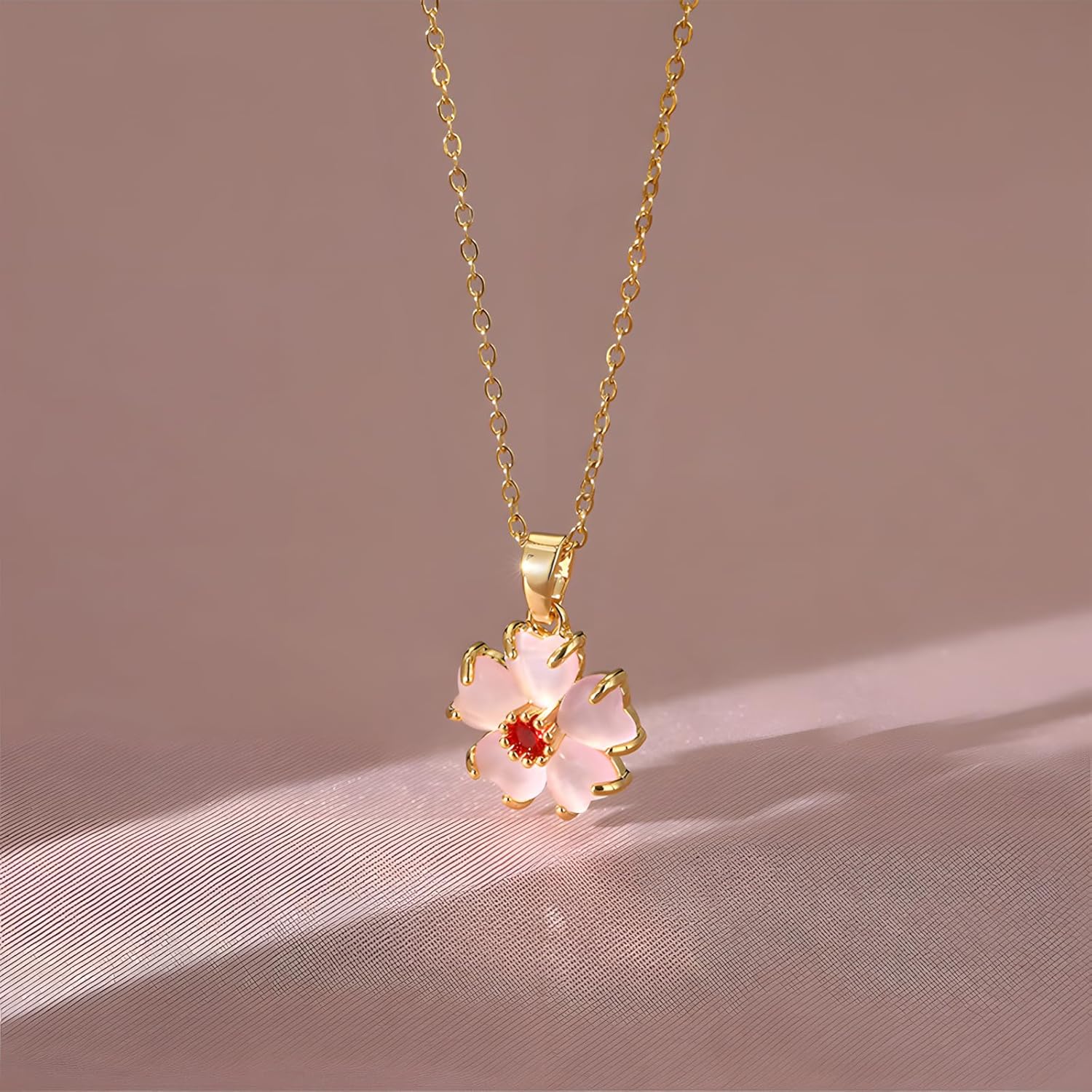 Pink Flower Necklace for Women Crystal Cherry Floral Necklaces - Image 5