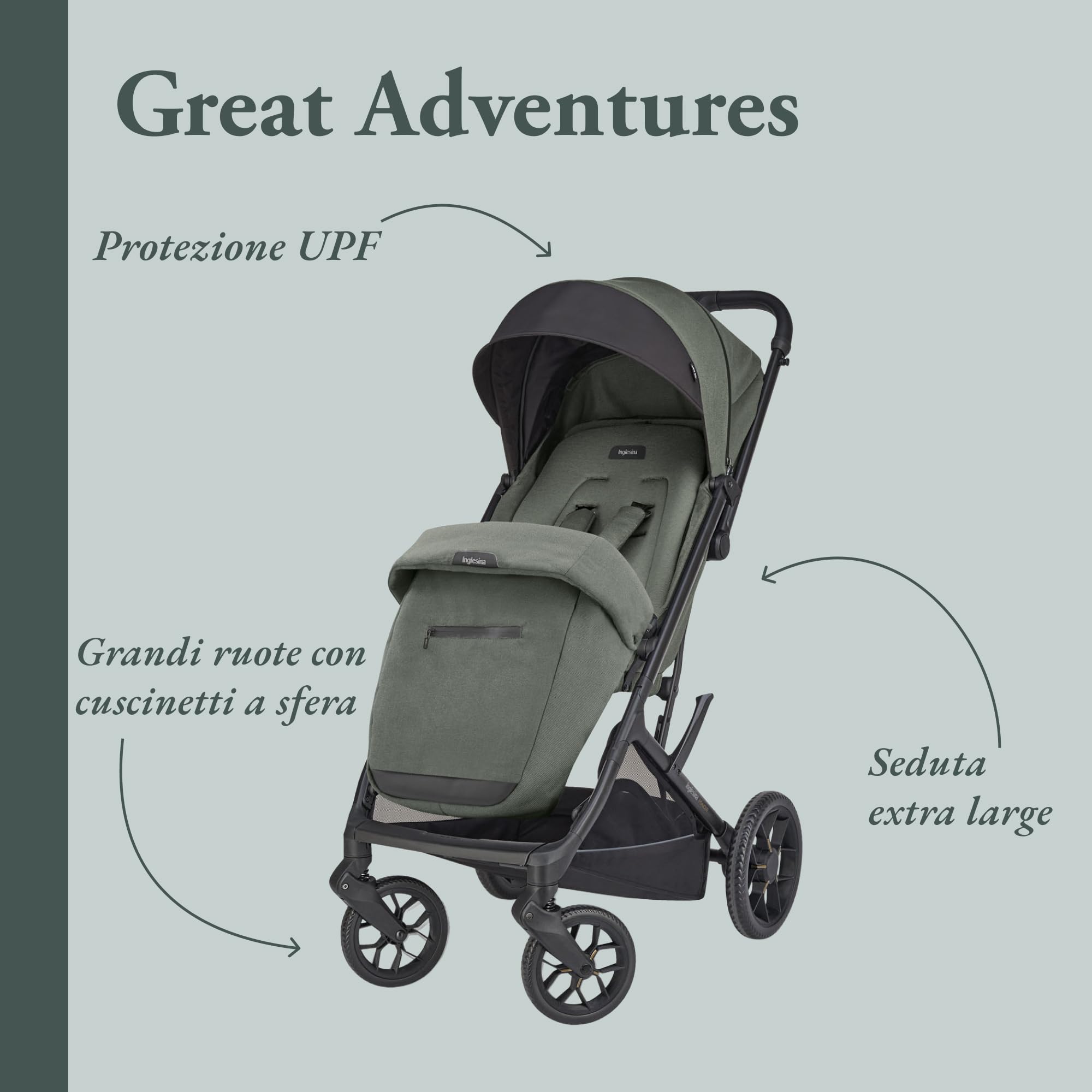 Inglesina Maior Passeggino Compatto 7,9 kg, Ruote Grandi Ammortizzate, Seduta Ampia All Season, UPF 50+, fino a 22 kg, Taiga Green