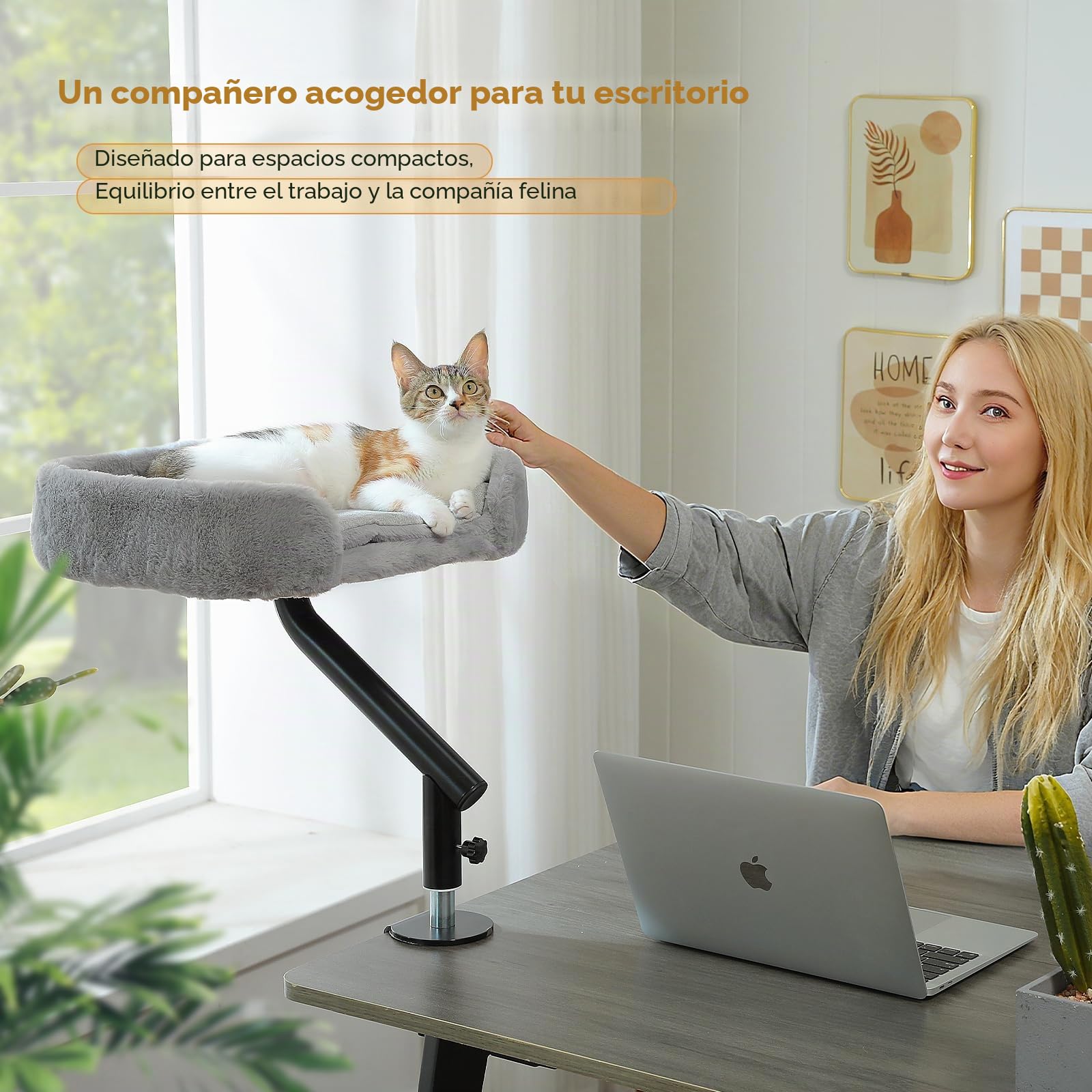 PAWZ Road Cama para Gatos de Escritorio con Pelota de Peluche interactiva, Cesta para Gatos, Soporte Giratorio 360°, Hamaca para con rascador, Cama para, soporta hasta 22,5 kg, Gris | Con pelota de peluche interactiva, cesta para gatos, hamaca para gatos,
