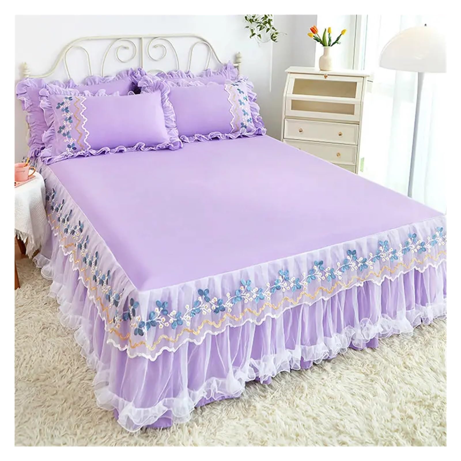 Lace Lotus Leaf Lace Bed Skirts Princess Style Solid Color White Pink Bedspread Bed Cover Sheets(Color-06,200x220cm 3pcs)