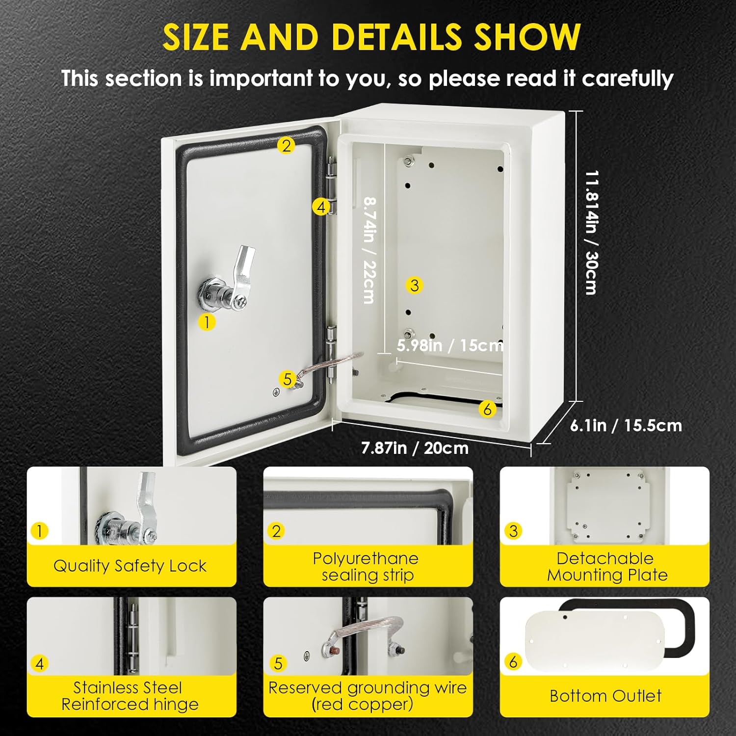 TOTUFY Steel Electrical Junction Box, Carbon Steel Hinged Outdoor Electrical Enclosure Box, IP66 Waterproof Wall Mounted Metal Eletrical Box with Safety Locks and Mounting Plate (12'' x 8'' x 6'')