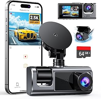 Galphi 3 Channel WiFi Dash Cam Front and Rear Inside with 64GB SD Card, 2.5K+1080P+1080P Car Dash Camera for Cars Front and Rear, Dashcam with G-Sensor, Loop Recording, 24H Parking Mode, Support 512GB