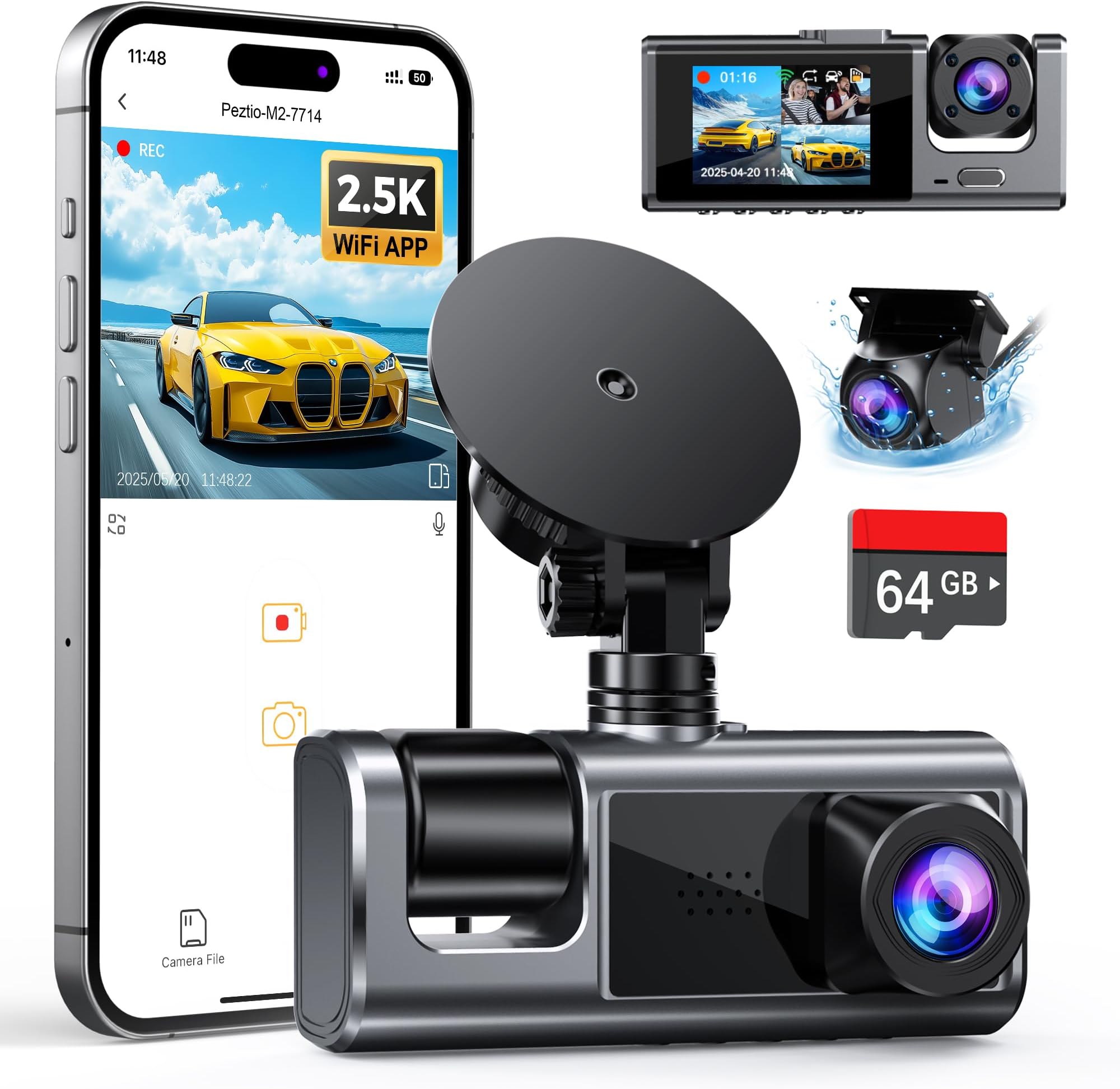 Galphi 3 Channel WiFi Dash Cam Front and Rear Inside with 64GB SD Card, 2.5K+1080P+1080P Car Dash Camera for Cars Front and Rear, Dashcam with G-Sensor, Loop Recording, 24H Parking Mode, Support 512GB