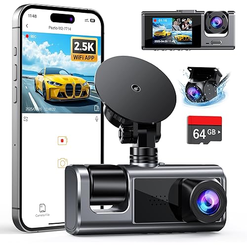 3 Channel WiFi Dash Cam Front and Rear Inside with 64GB SD Card, 2.5K+1080P+1080P Car Dash Camera for Cars Front and Rear, Dashcam with G-Sensor, Loop Recording, 24H Parking Mode, Support 512GB