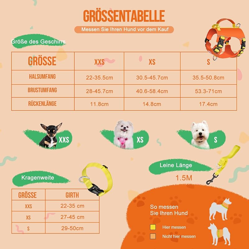 Arblina Kaleido Kutyahám Szett Kistestű Kutyáknak - Könnyű Hám, Nyakörv és Póráz Szett Narancs Színben, Fogantyúval és Fényvisszaverő Pántta