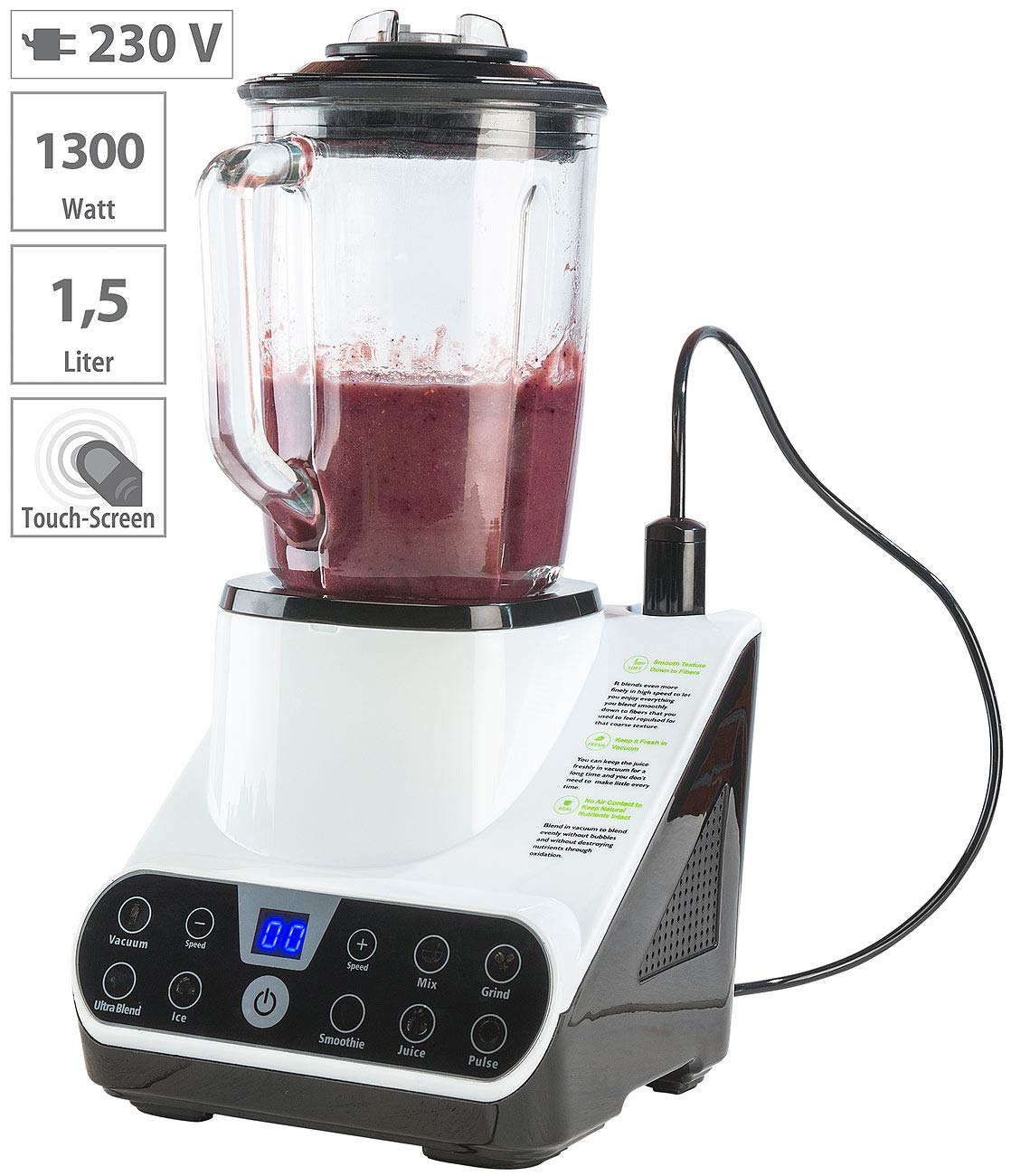 Rosenstein & Söhne vacío mezclador: Batidora de pie con función de vacío y pantalla táctil LED, 1,5 l, 1300 W (Procesadores de comida, Mezclador de alto rendimiento, Envasadoras al vacío)