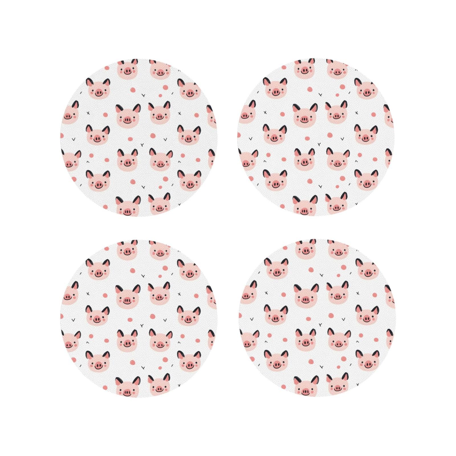 Leather Coasters Set of 4 - Cute Pig Print Lightweight Drink Coasters for Desk
