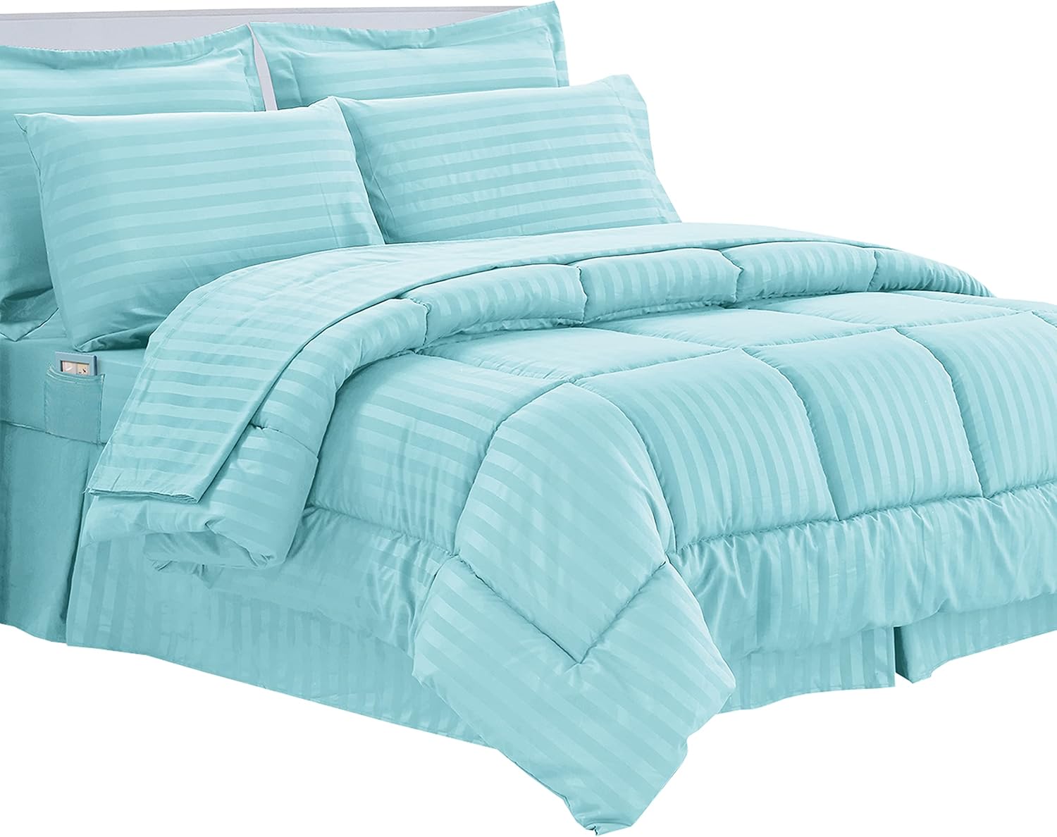 Elegant Comfort Cozy and Soft 8-Piece Bed-in-a-Bag All Season Comforter Set, Includes 4pc Smart Sheet Set, Bed Skirt, Comforter, Matching Pillowcases and Shams, Striped Design, King/Cal King, Aqua