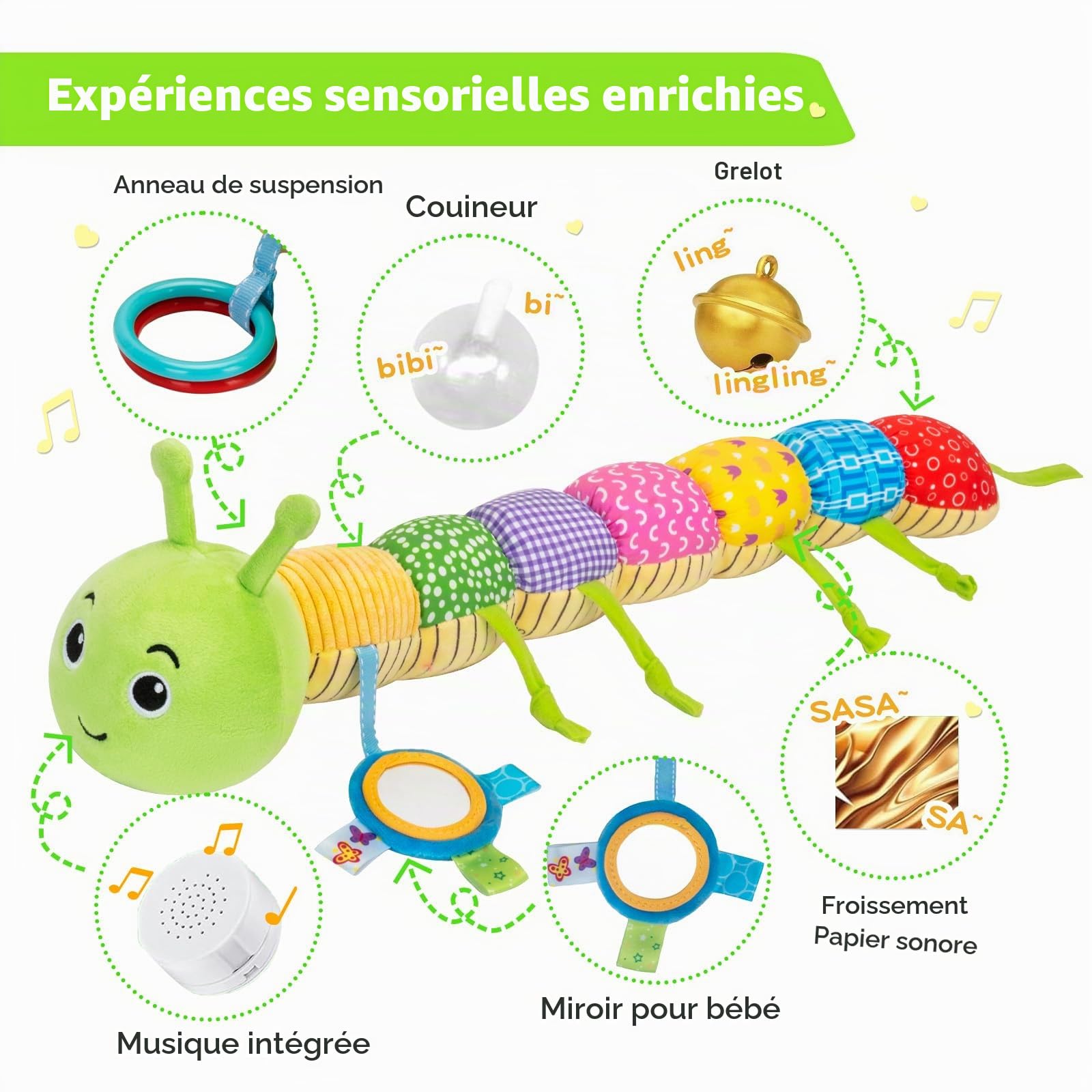 Accevo Jouet sensoriel pour bébé de 0 à 6 mois - Jouet en peluche - Chenille - Jouet pour tout-petit de 0 à 3 à 6 mois - Avec miroir pour bébé - Hochet froissé - 6-12 mois - Cadeau de Pâques