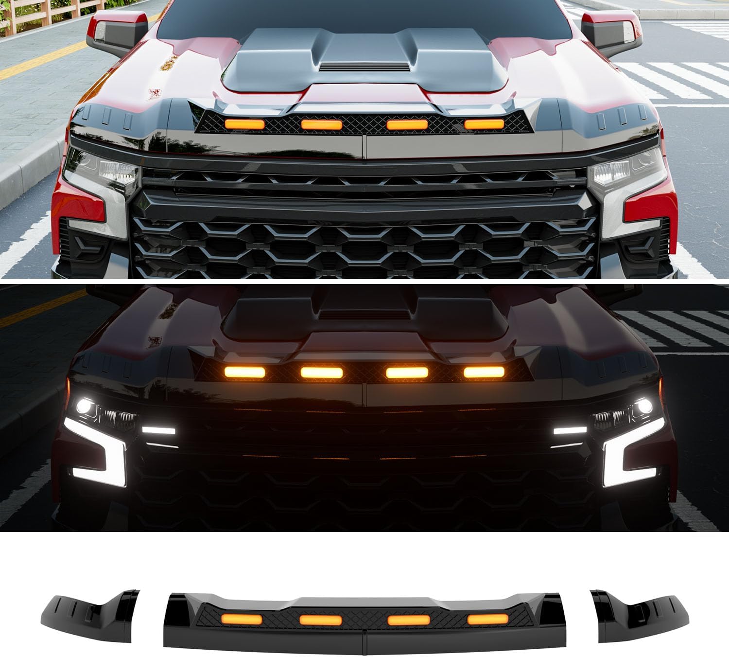 Hood Protector with LED Light Compatible with 2019-2025 Chevy Silverado 1500 Hood Deflector Glossy Black Three Section Lightshield Replacement for 2019-2025 Chevy Silverado Accessories