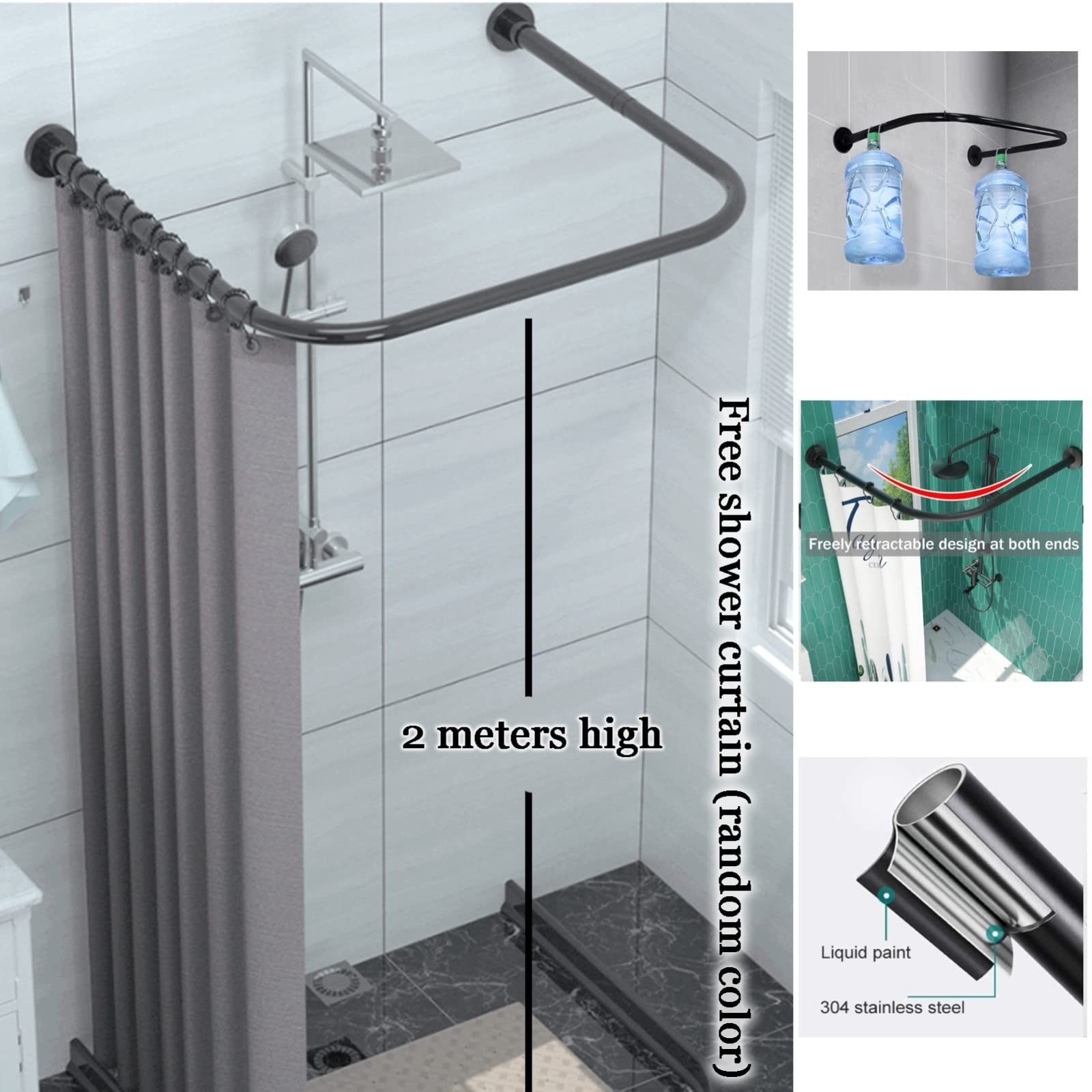 Barra de cortina de ducha de esquina elástica, en forma de U, ajustable, instalación sin taladro, acero inoxidable 304 para baño, bañera, vestidor, espacio privado