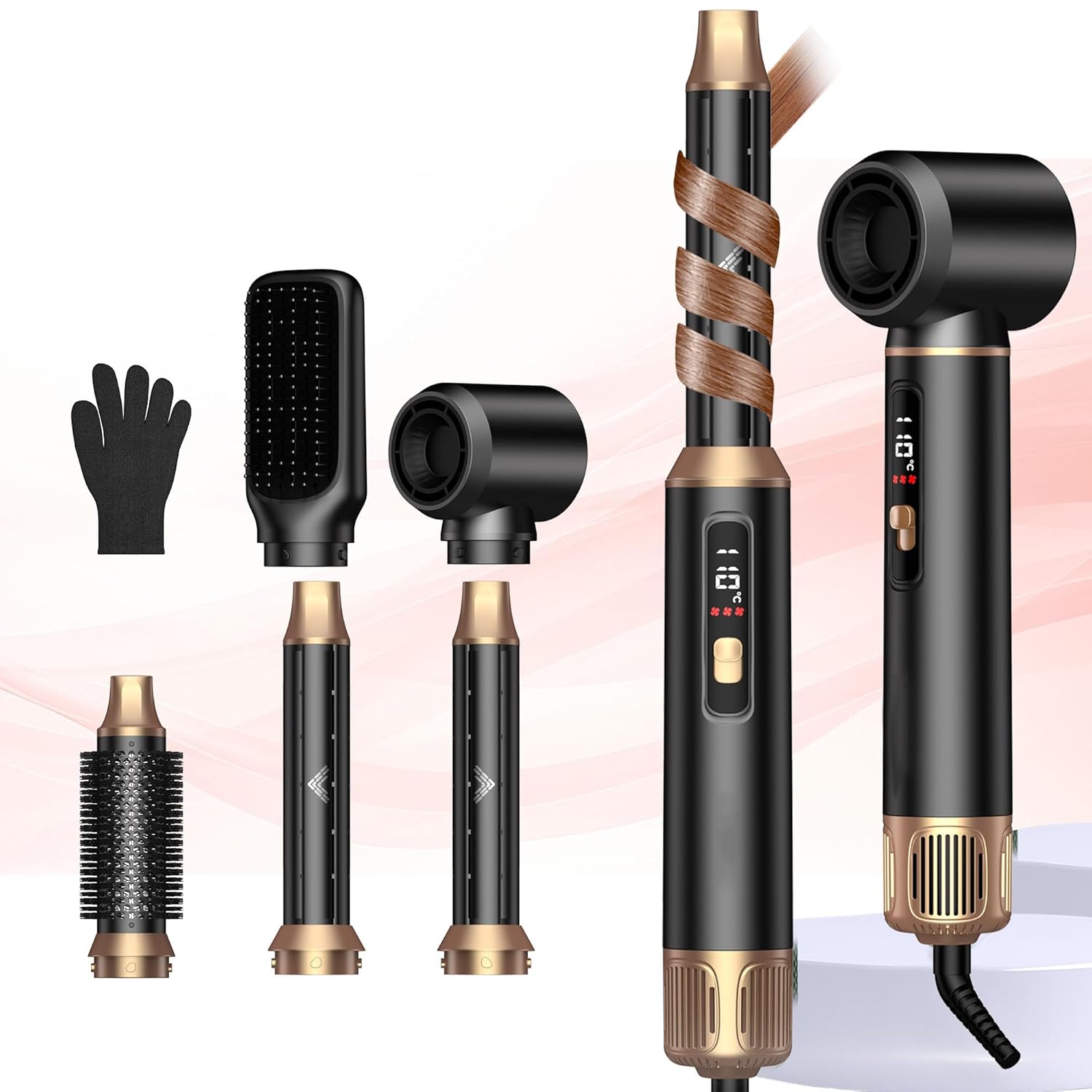 Blow Dryer Brush 5 in 1 Digital Screen Display Negative Ion Hair Dryer Brush Detachable Air Curler Air