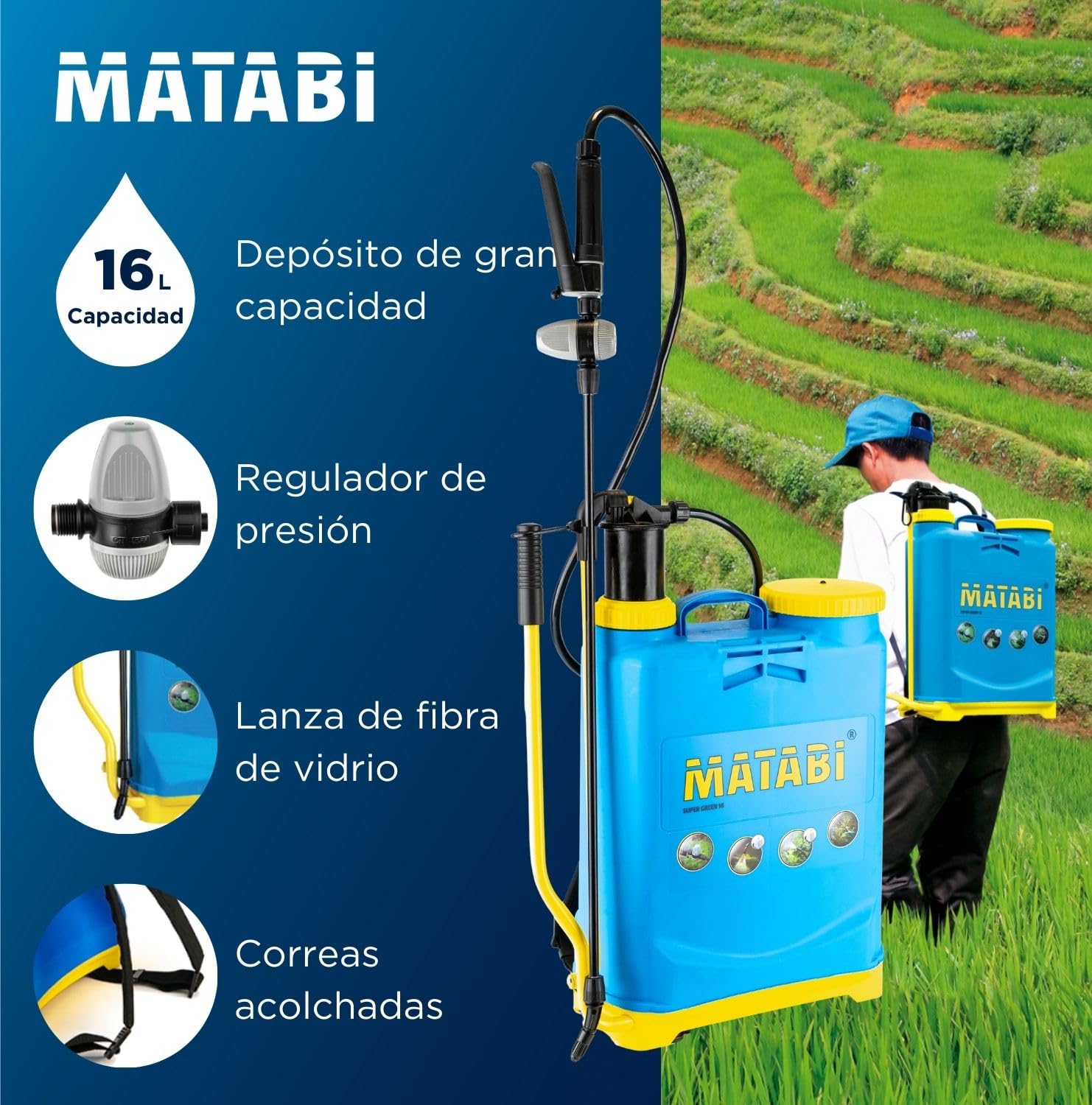 Matabi Super Green 16- Pulverizador 16L -Lanza de Fibra Vidrio y 4Boquillas | Sulfatadora Manual con Regulador de Presión y Manguera de 1,3m - Mochila Fumigar con Mezclador y Dosificador