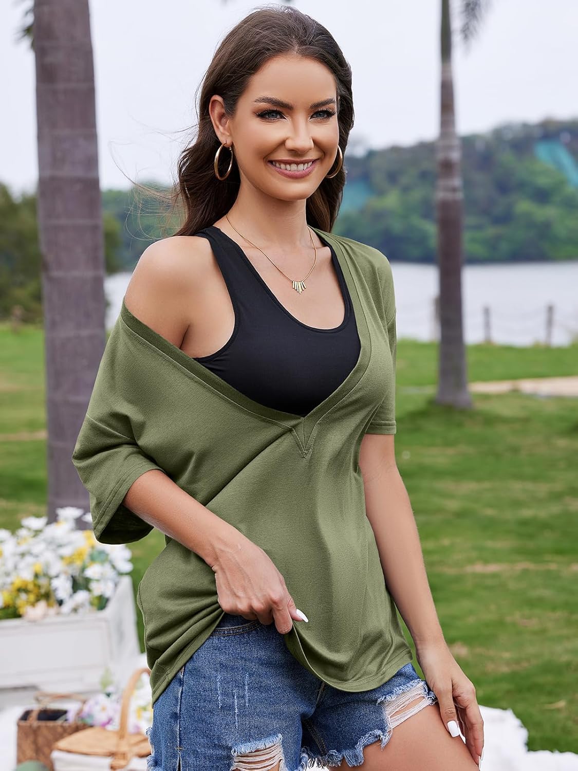 UNCLECAT Womens Deep V-Neck T Shirts Sexy Short Sleeve Tops Summer Oversized Tee - Image 3