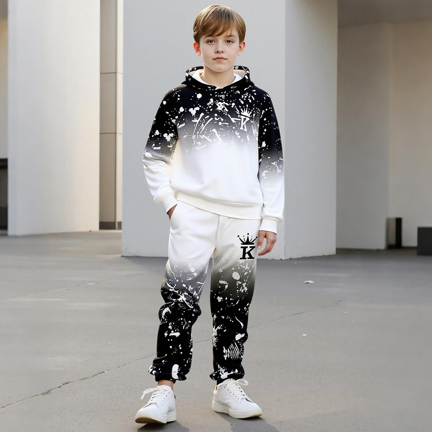 Boys Casual Hoodie Sweatshirt Set, 3D Gradient Font Print Top and Pants Spring Fall Sports 2 Piece Clothes for Kids. - Image 4