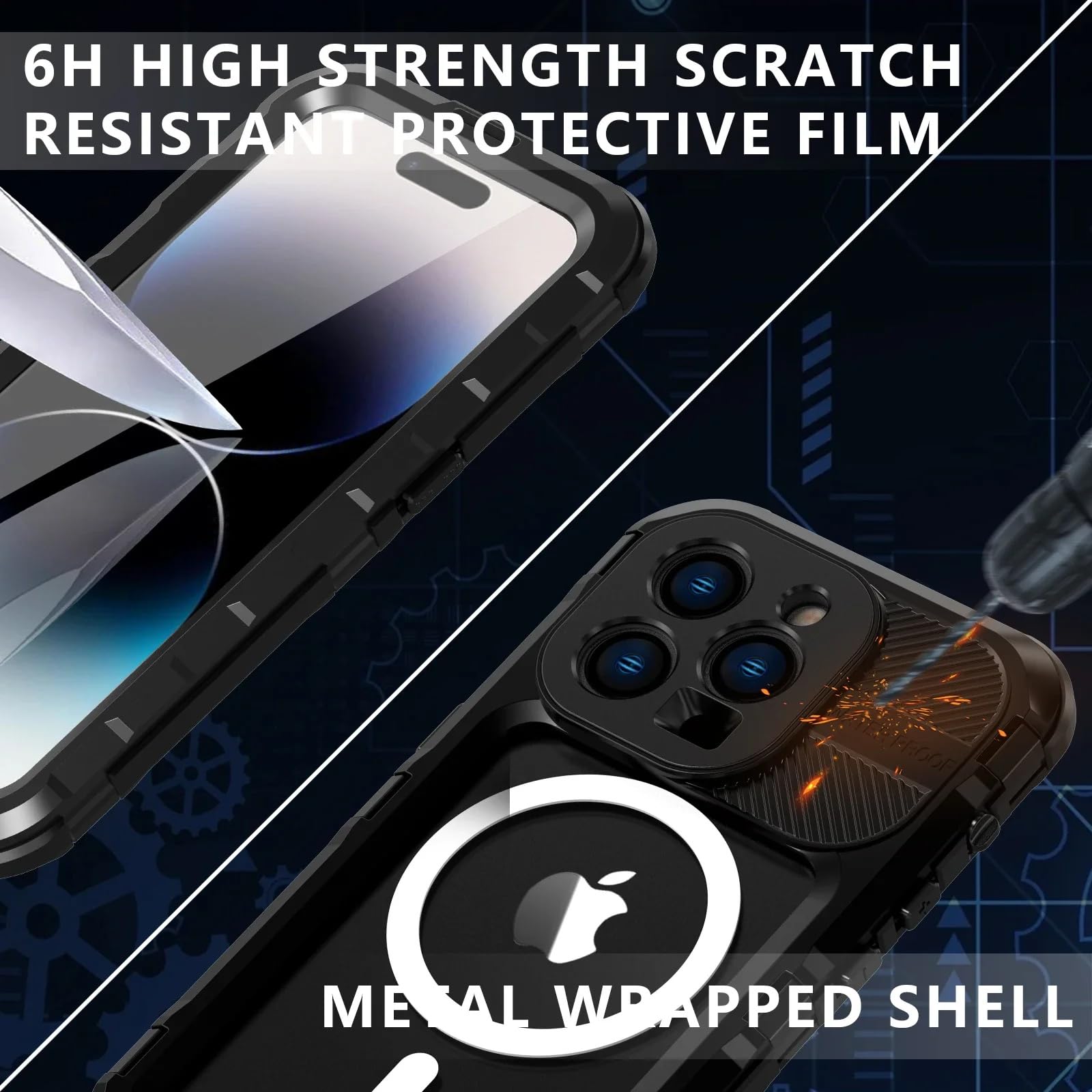 Estuche Impermeable para iPhone 15 Pro Max/15 Pro/15 Plus/15, IP68 Estuche Resistente a Prueba de Golpes de Cuerpo Completo de Metal Resistente al Agua Grado Militar