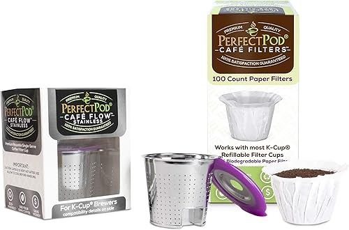 Café Flow - Cápsula de café reutilizable de acero inoxidable de 2 artículos + vasos de papel desechables de 100 unidades, compatible con cafeteras