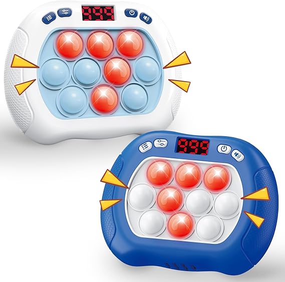 2 Pack Quick Push Pop Game for Kids, Handheld Fidget Toy With LED Screen Light Up, Electric Pop Controller, Fast Push Bubble Sensory Toy, White & Blue