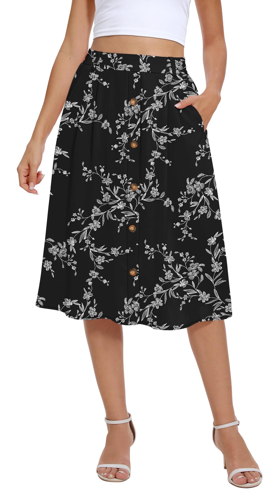 Yincro Women's Flowy Midi Skirt Summer Pleated High Waisted Casual Button Front Skirts with Pockets