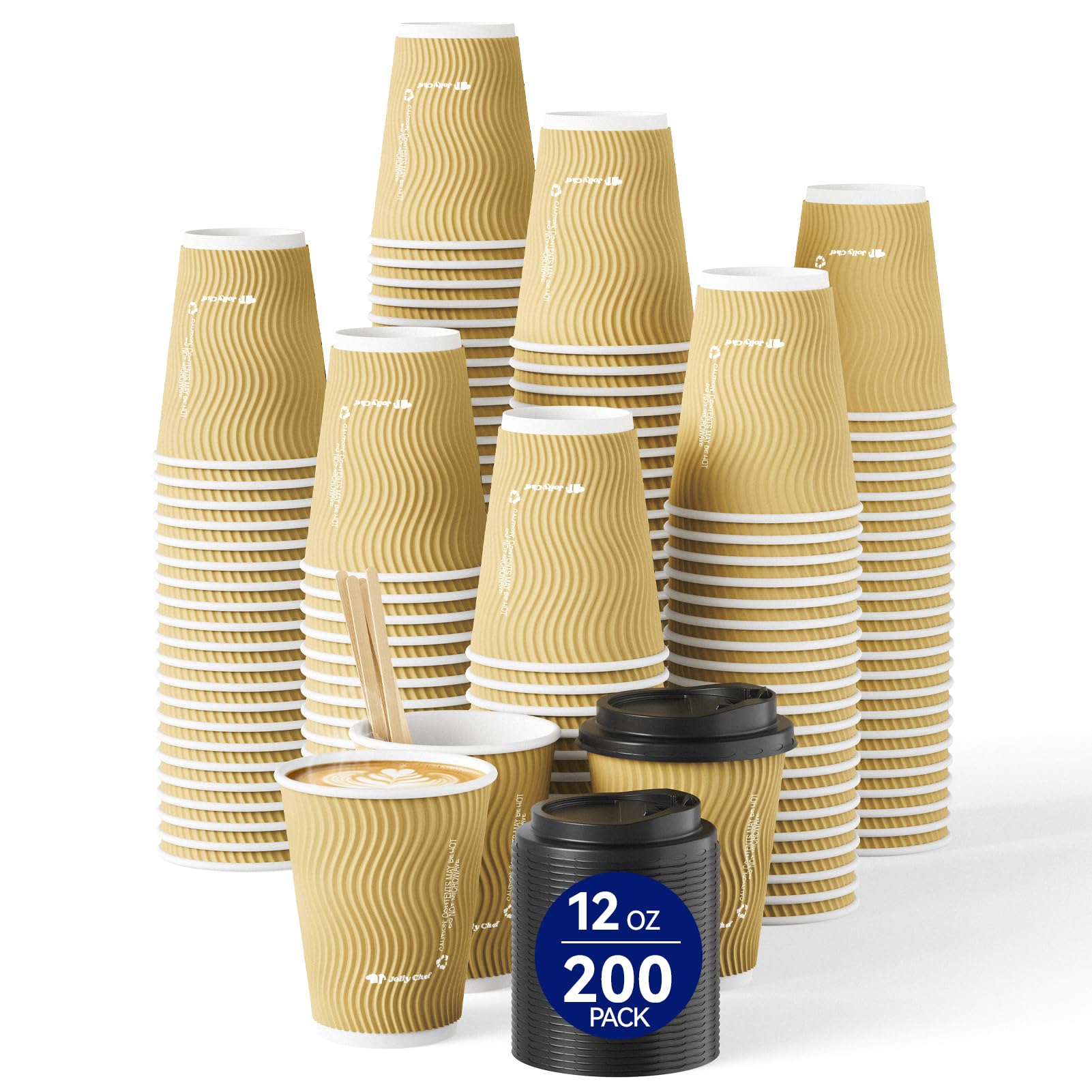 JOLLY CHEF 12oz Ripple Paper Coffee Cups with Lids & Stirrers 200 Pack