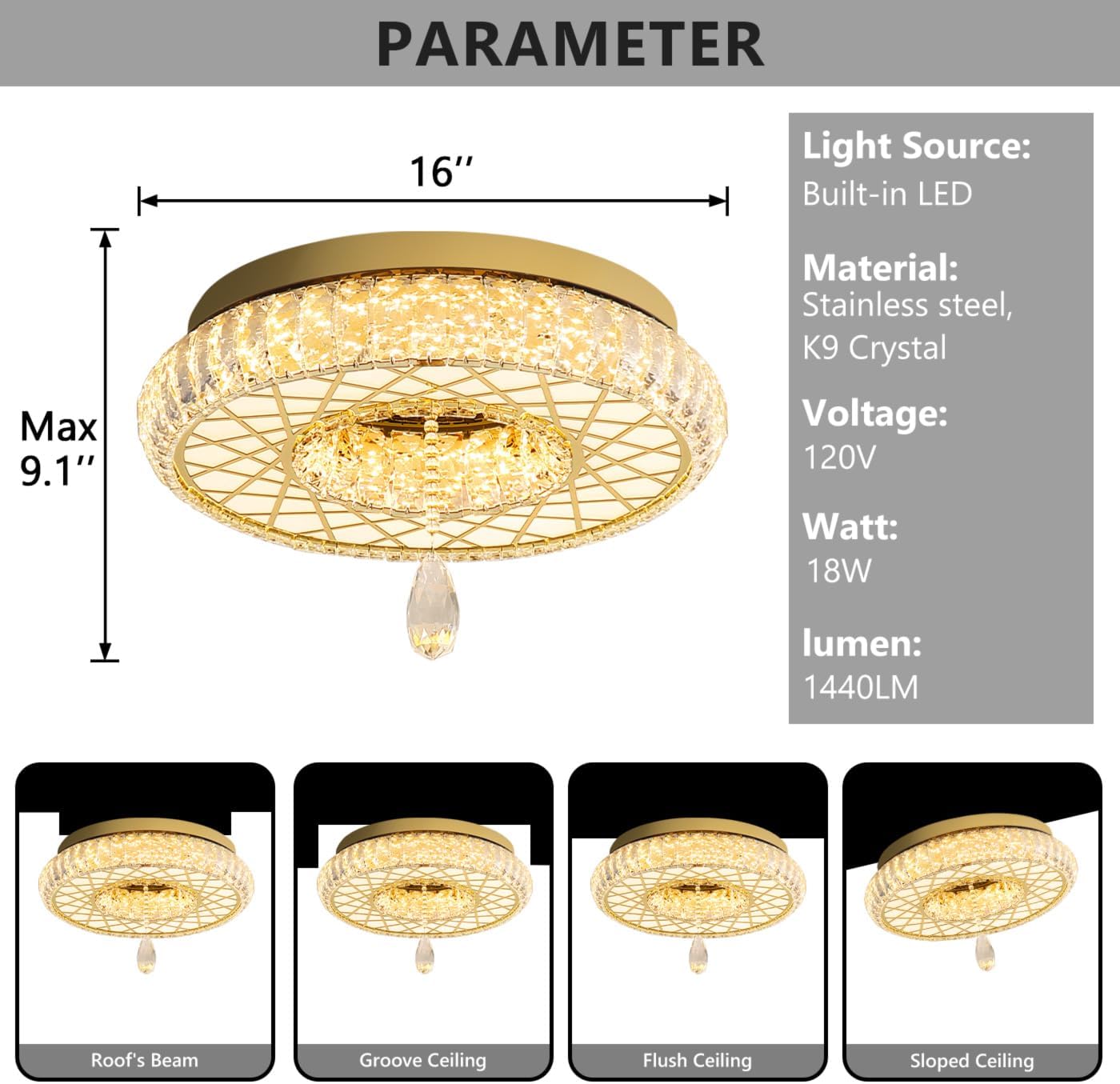 Dia 16" Modern Crystal Chandeliers Dimmable Chandelier 3 Rings LED Flush Mount Ceiling Light for Living Room Dining Room Bedroom Gold