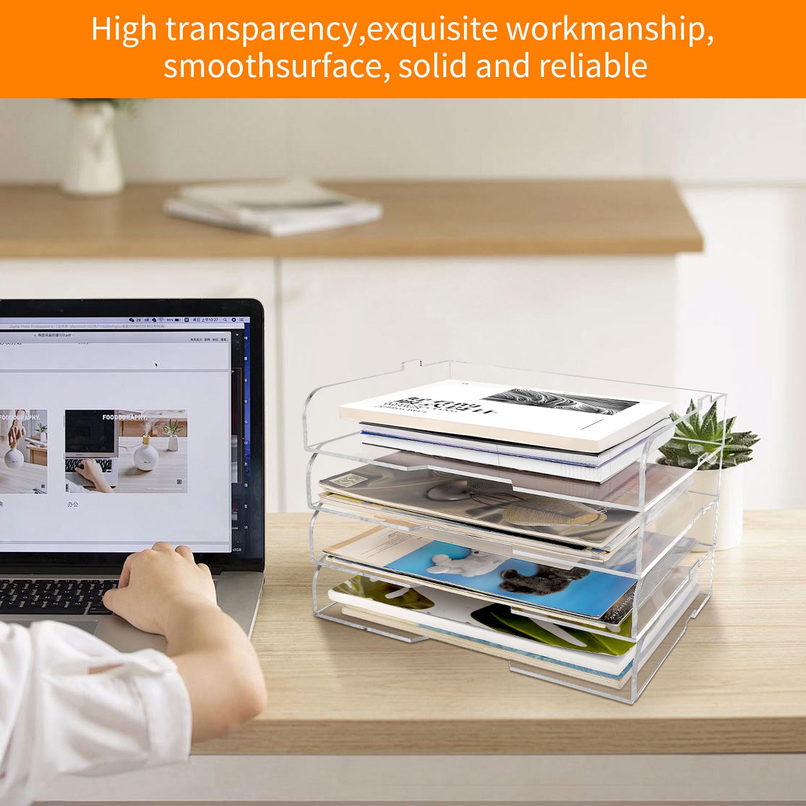 Paquete de 4 bandejas de papel apilables para cartas, revistero acrílico transparente y organizador de archivos, elegante organizador de escritorio para oficina en casa, estantería o espacio de