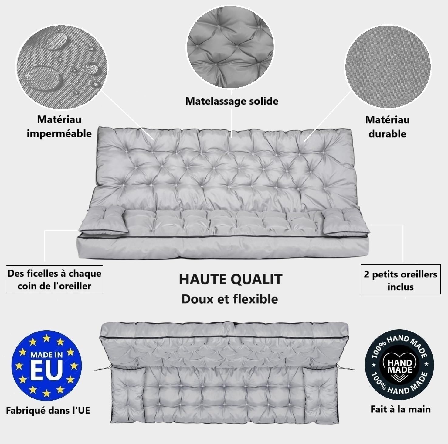 Ensemble de Coussins de Jardin pour Banc balançoire Hollywood, Coussins matelassés avec Passepoil, Sangles de Fixation, étanche, Taille XL, Coussin d’Assise