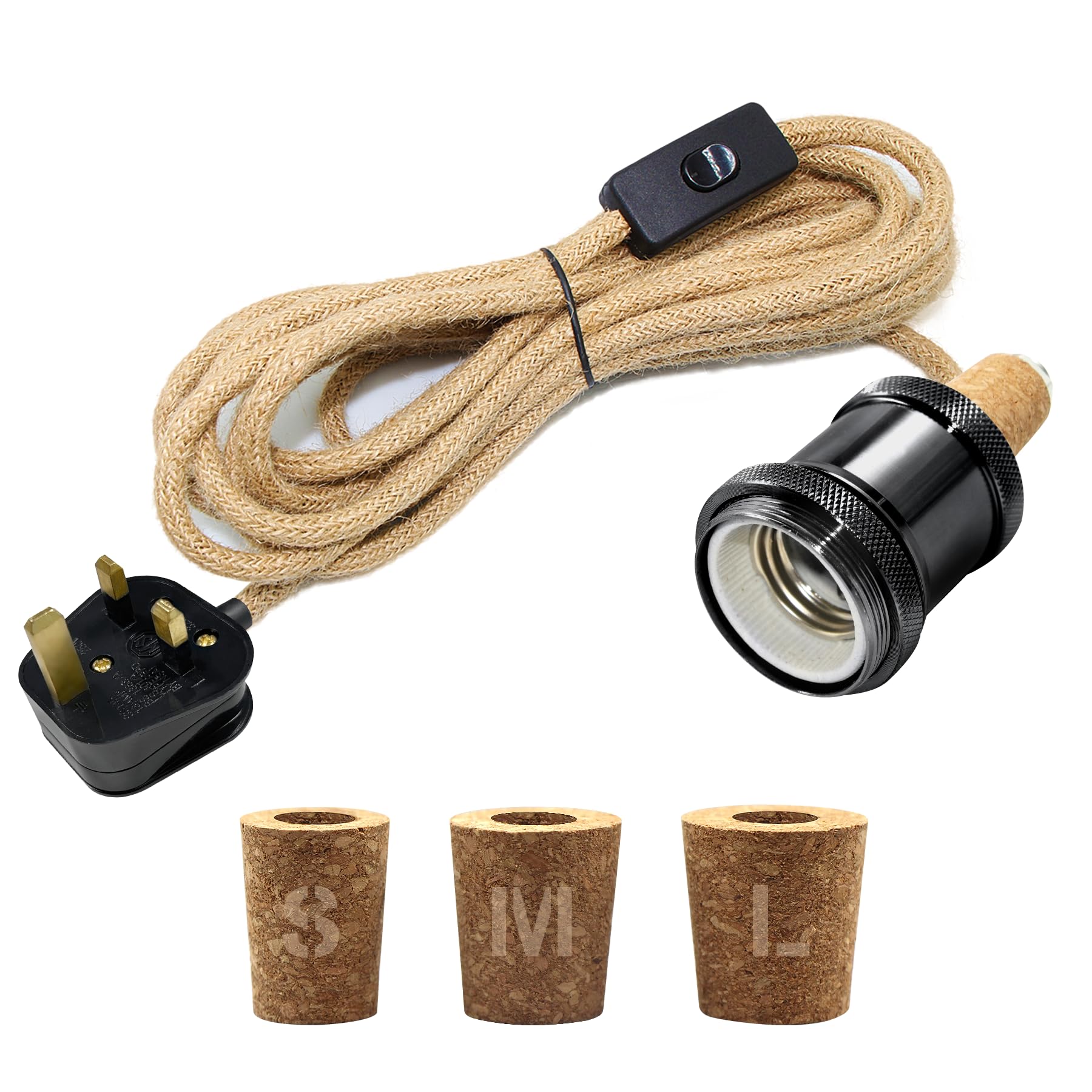 Bottle Lamp Kit Do It Yourself UK, E27 Ceramic Lamp Holder, 240CM Hemp Rope Cable, Bottle Light Kit, Including 3 Sizes of Stoppers, DIY Table Lamps Fitting for Various Bottles, Black