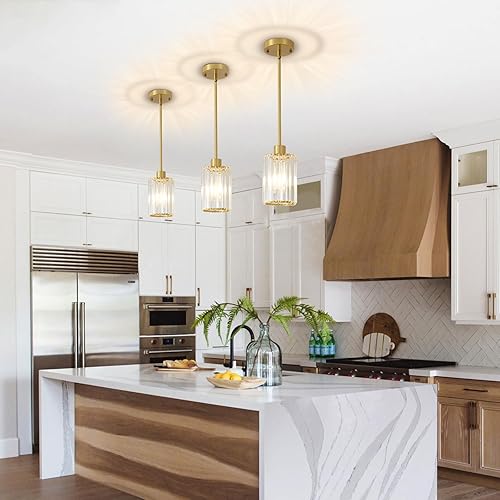 Miniatura 7 de Luces colgantes de cristal, paquete de 3 luces colgantes de oro cepillado para isla de cocina, modernas mini lámparas colgantes de cristal para