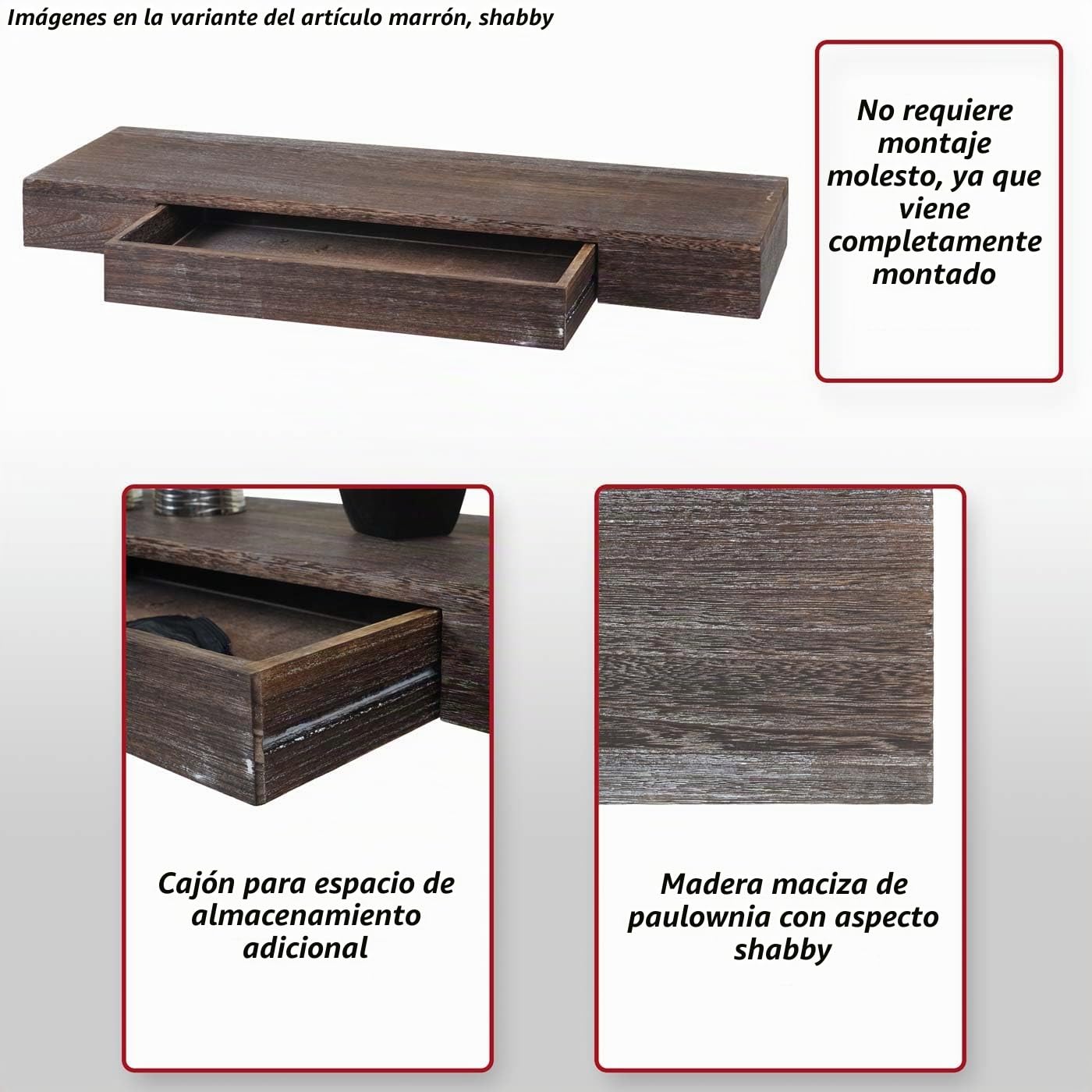 Mendler Estantería de pared HWC-H37 con cajón de madera maciza, 8 x 80 x 25 cm, color blanco | Estantería flotante para pared, estantería colgante