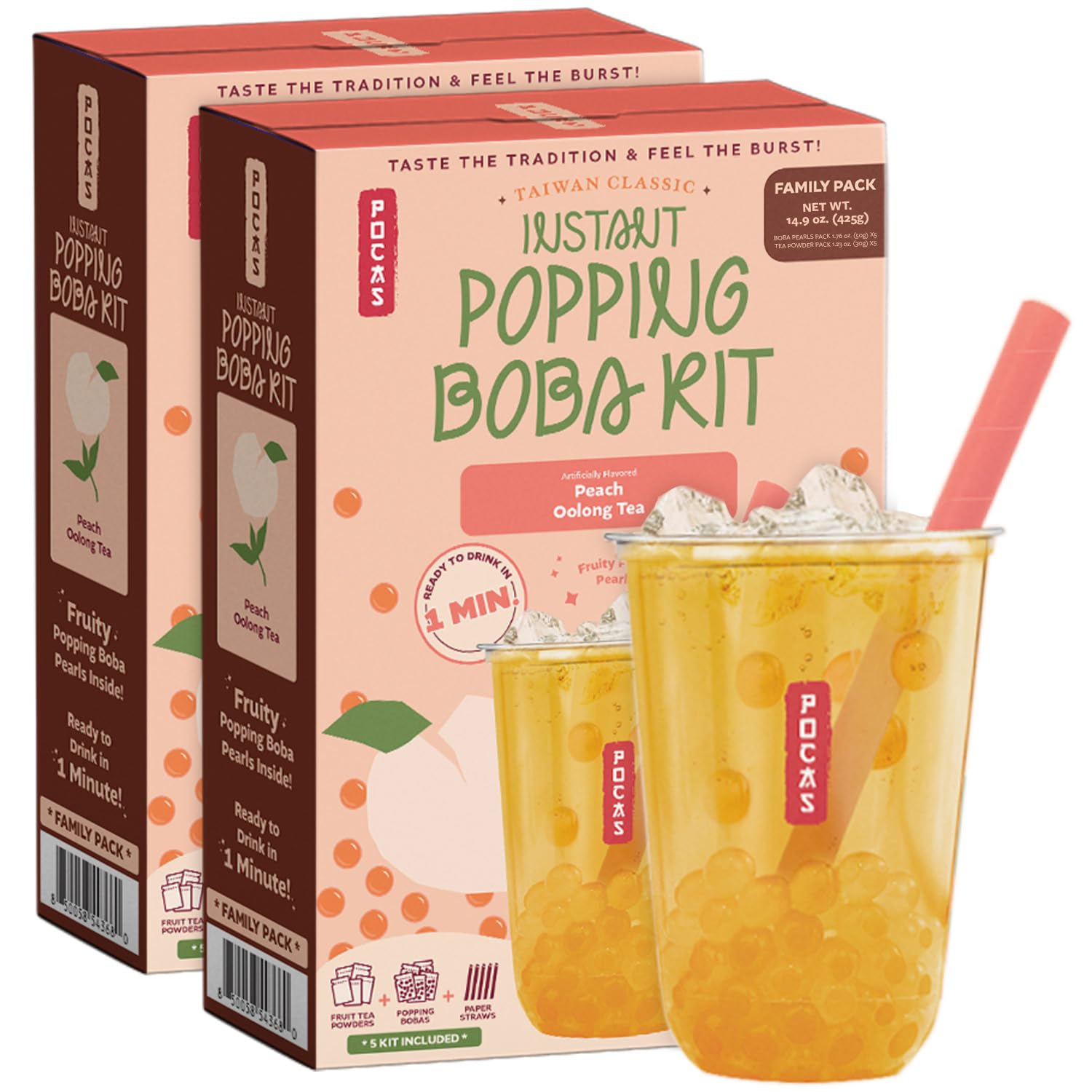 Pocas Instant Popping Boba Kit 2-Pack, Peach Oolong Tea, Powder, Pearls & Paper Straws, 14.9 Oz Ea