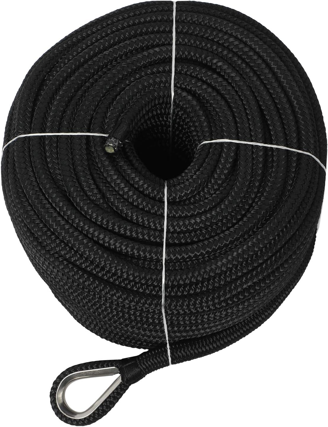 NovelBee 1/2" x 300' Double Braid Nylon Anchor Line with Stainless Steel Thimble,Safe Workload:1,020 Lbs;Tensile Strength:5,100 Lbs (Black) - Image 2