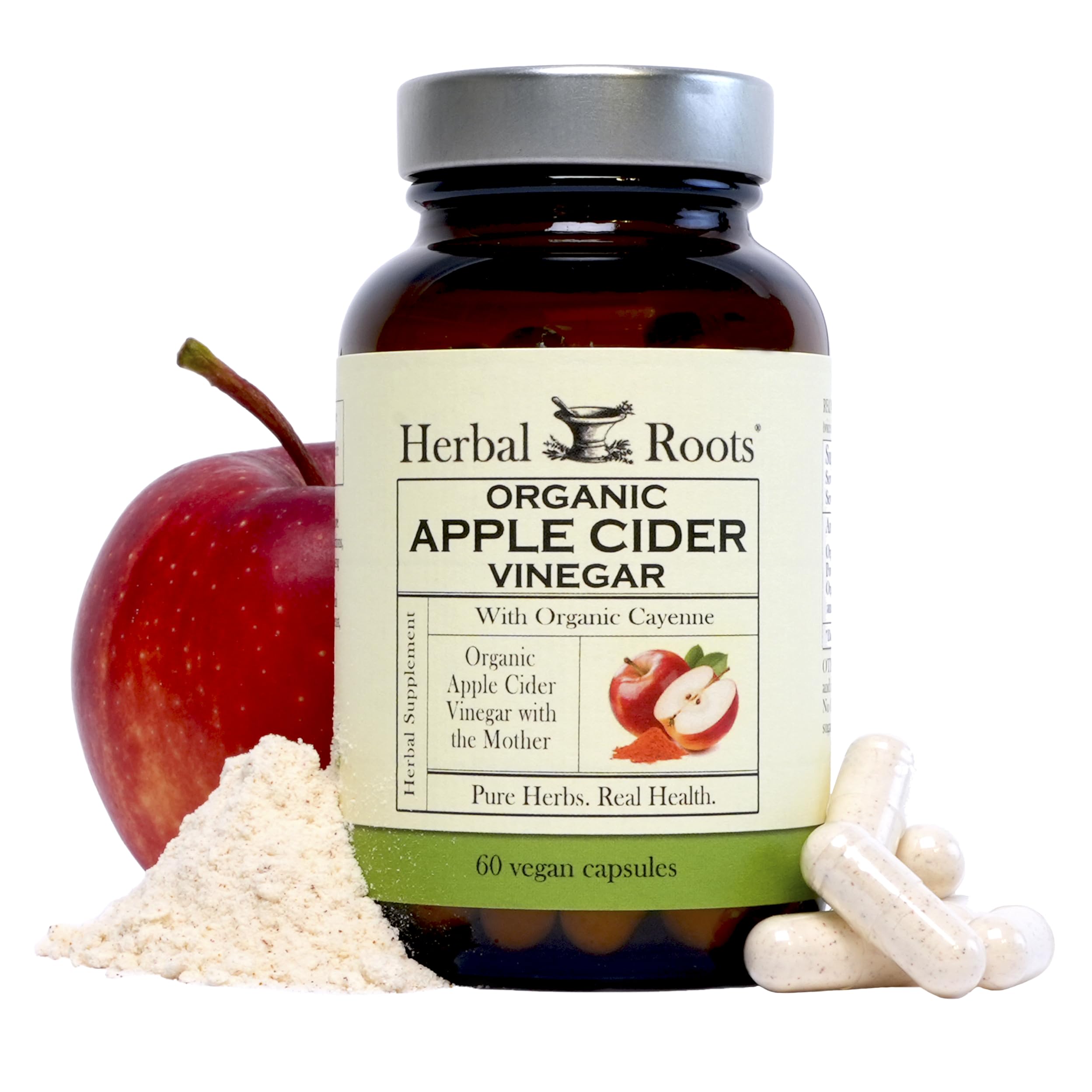 - Herbal Roots Organic Apple Cider Vinegar Capsules with Mother and Organic Cayenne | 650 mg | 60 Vegan Capsules