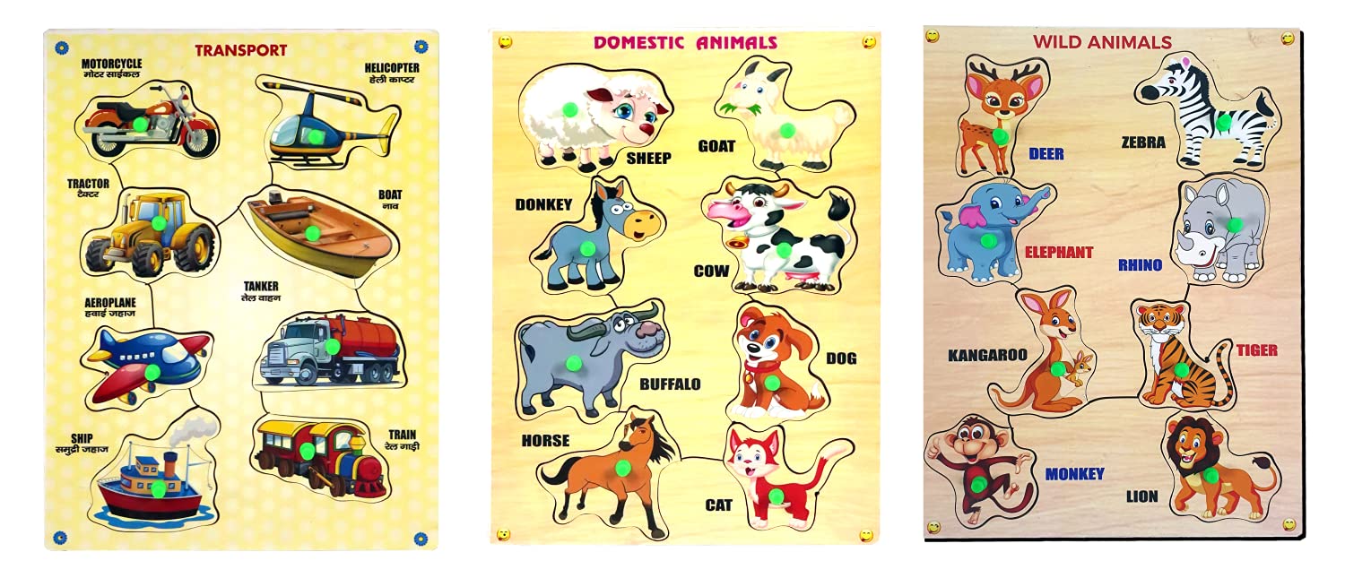 Crackles Wooden Knobs Pegged Puzzles Learn Farm Animals, Wild Animals and Vehicles- Combo Pack of 3 (B098KDP4ZX) Amazon Price History, Amazon Price Tracker