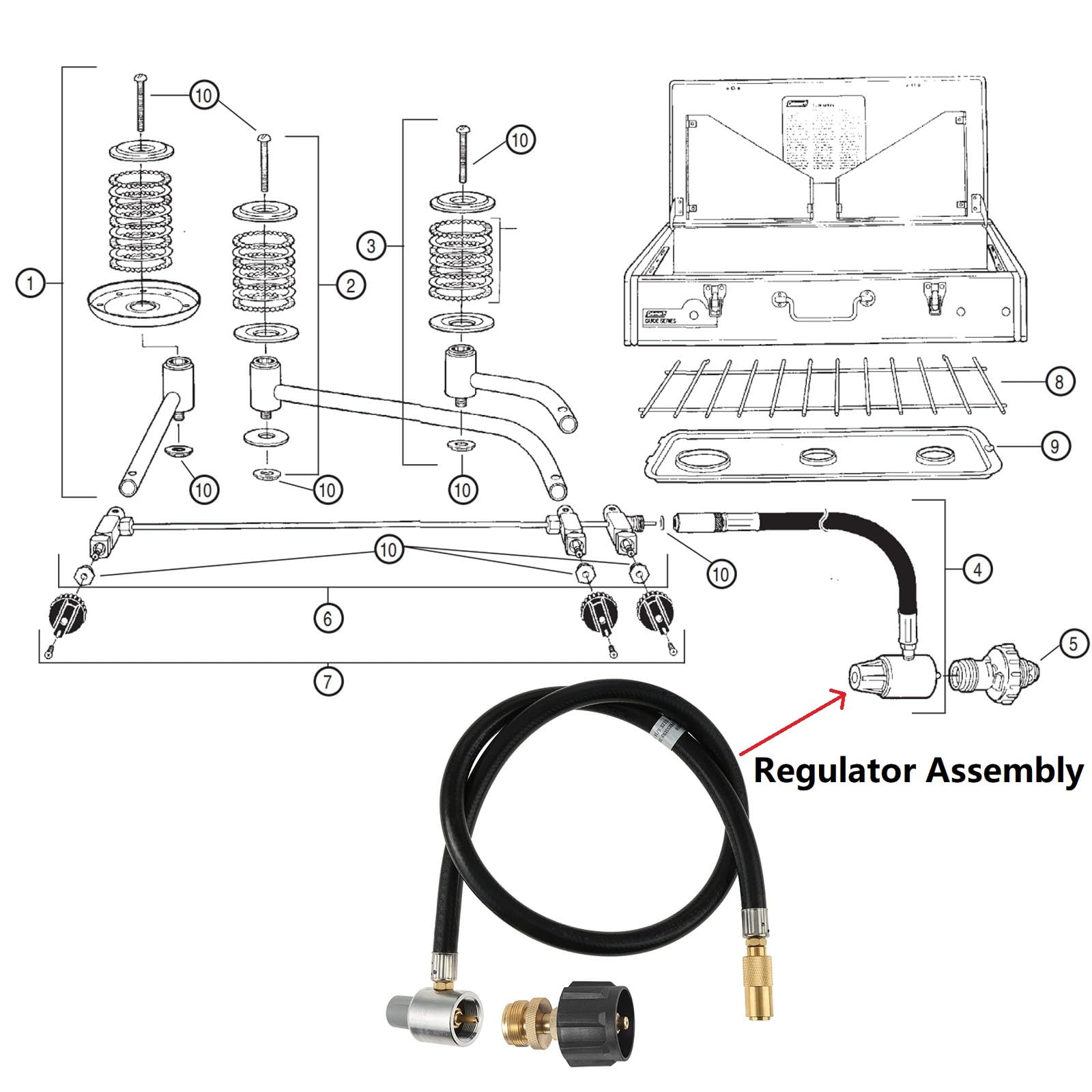 5428A Regulator pieca kempingowego i części zamienne do zestawu węża 3 FT - kompatybilny z 3-palnikowymi kuchenkami propanowymi Coleman Guide Series Camp, zbiornikami 0,5 kg do 9 kg