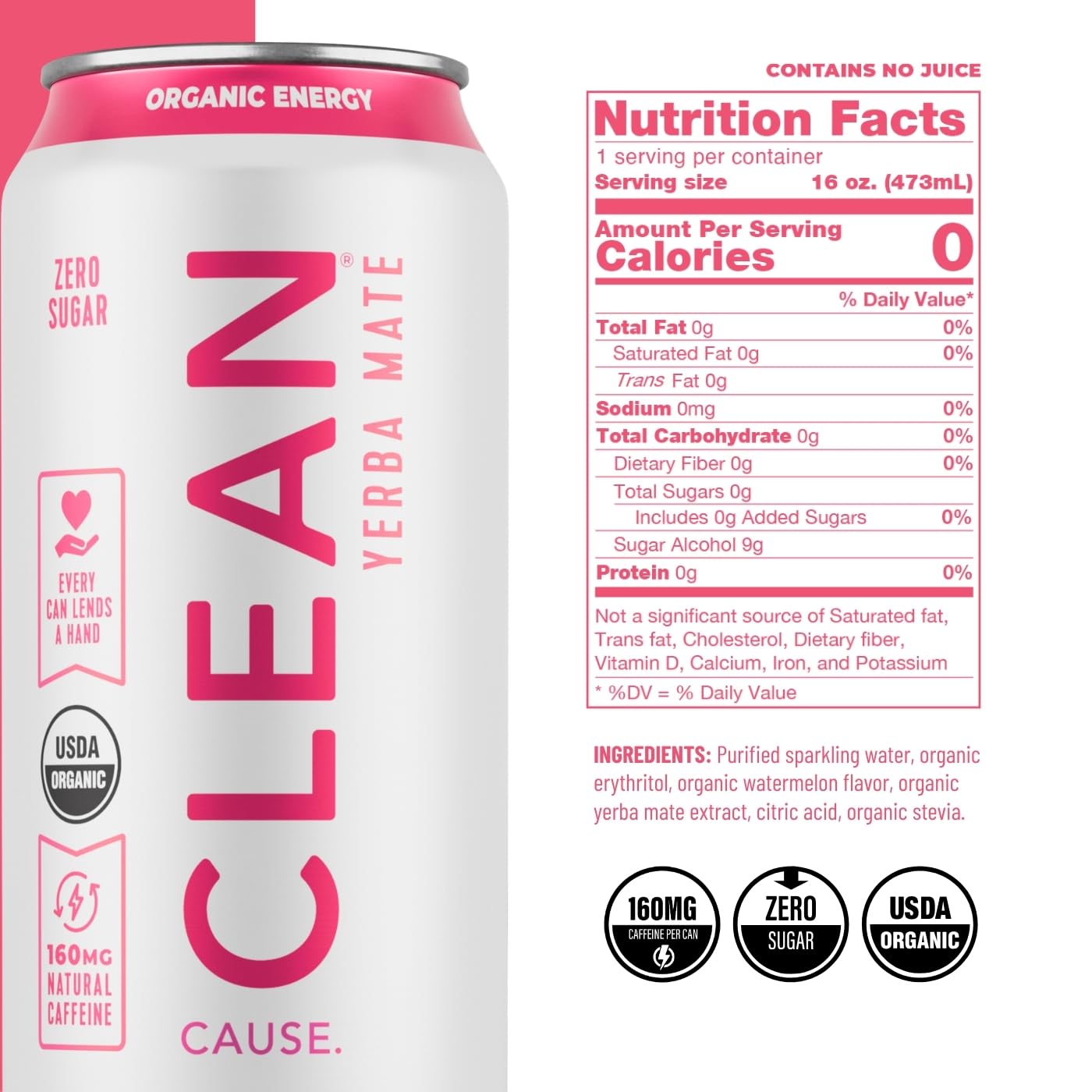 CLEAN Cause Zero Sugar Variety Pack Yerba Mate Tea Sparkling, USDA Organic Energy Drink Alternative, Zero Calorie, 160mg Natural Caffeine, Soda Alternative, Plant-Based (16oz cans, 12-Pack Case, 3 Flavors)