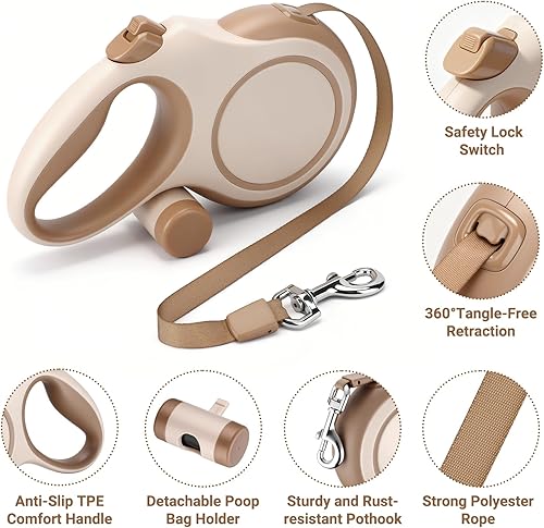 Miniatura 3 de Segarty Correa para caminar de 26 pies con soporte para bolsa de excrementos para mascotas de 66 libras a 110 libras, correa retráctil de 360° sin