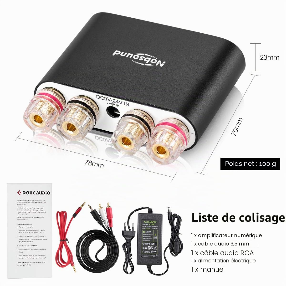 Mini-amplificateur numérique Nobsound NS-10G Pro Hi-Fi DSP - 100 W - Avec système bluetooth 5.0 - Audio stéréo à 2 canaux - Pour une utilisation à domicile